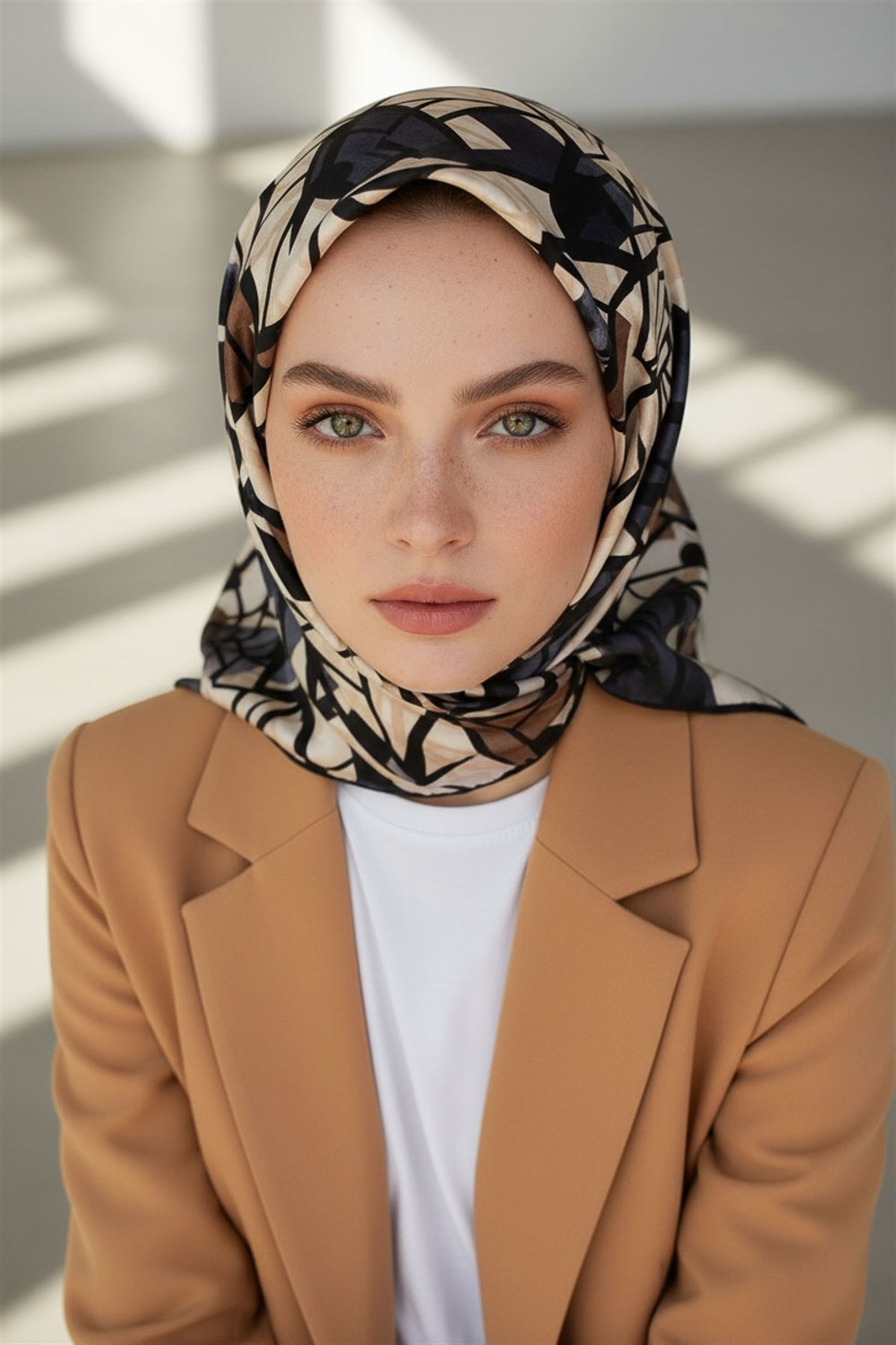 %100 Twill Renkli Petek Desenli Bej - Gri Renkli 90x90 Eşarp Dikim Şekli: El Dikişii