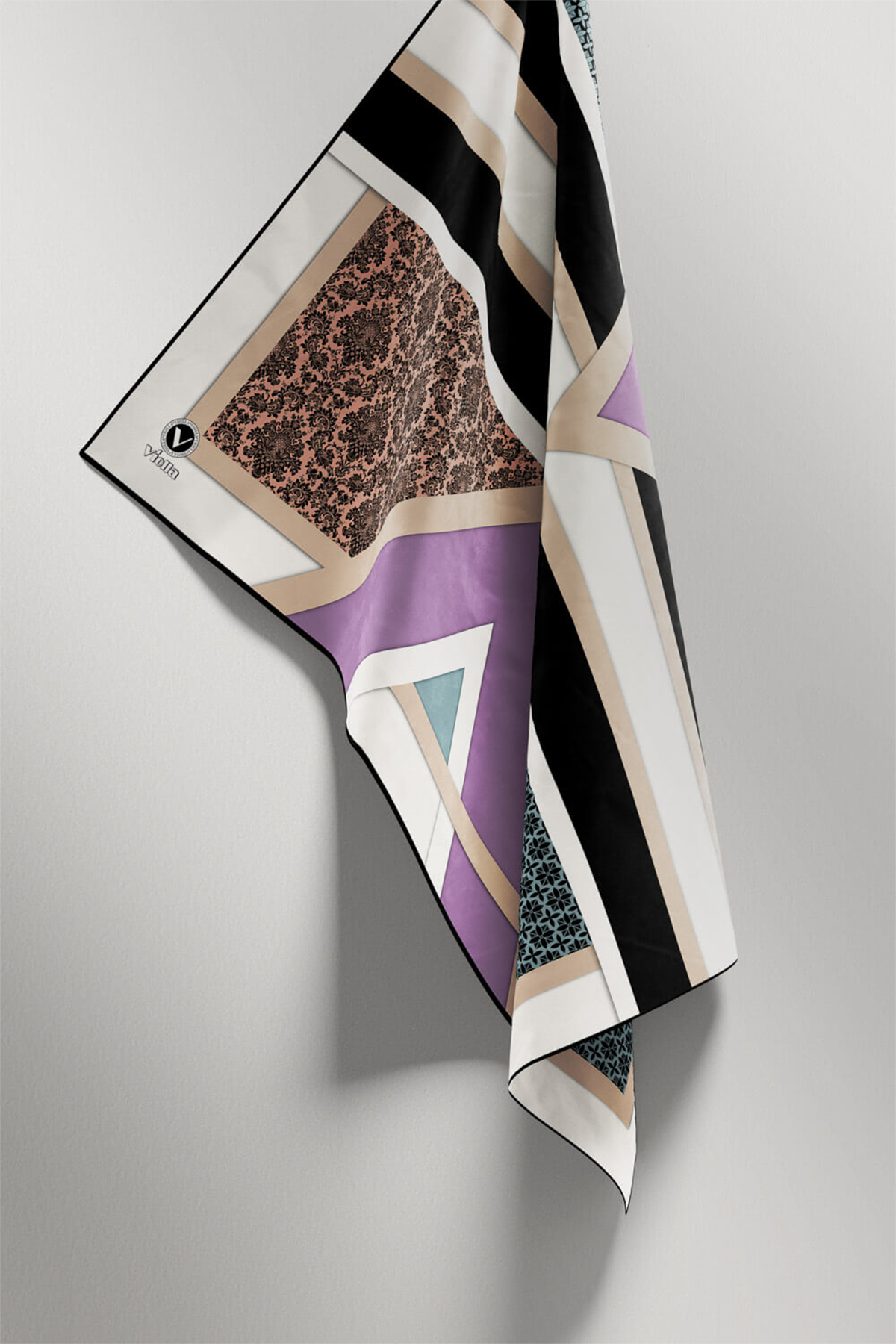 Twill Geometrik Barok Desenli Lila - Su Yeşili  Renkli 90x90 Eşarp (İpek İçermez) Kenar Dikiş Şekli El Dikişli