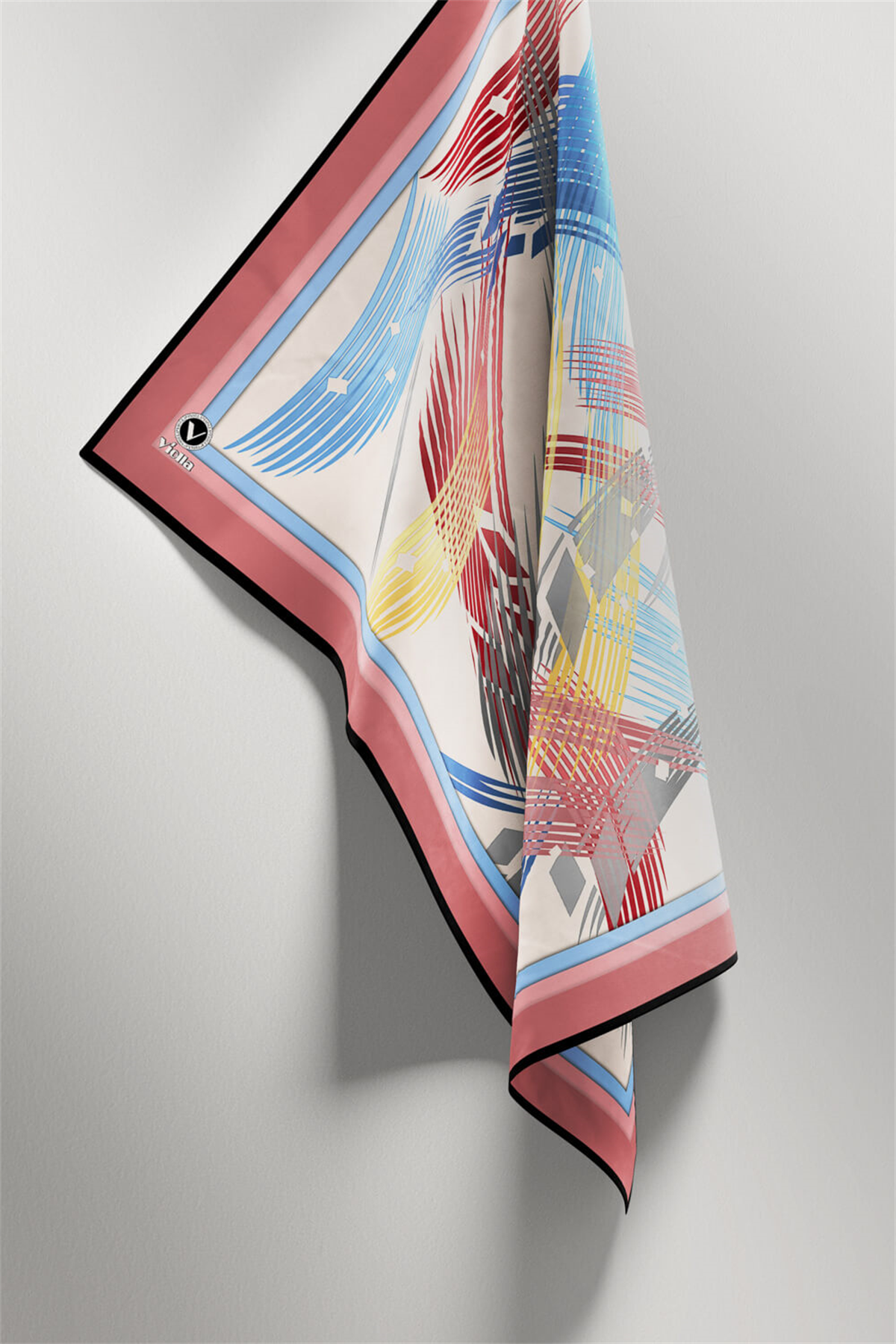 Twill Geometrik Desenli Pudra Renkli 90x90 Eşarp (İpek İçermez) Kenar Dikiş Şekli El Dikişli