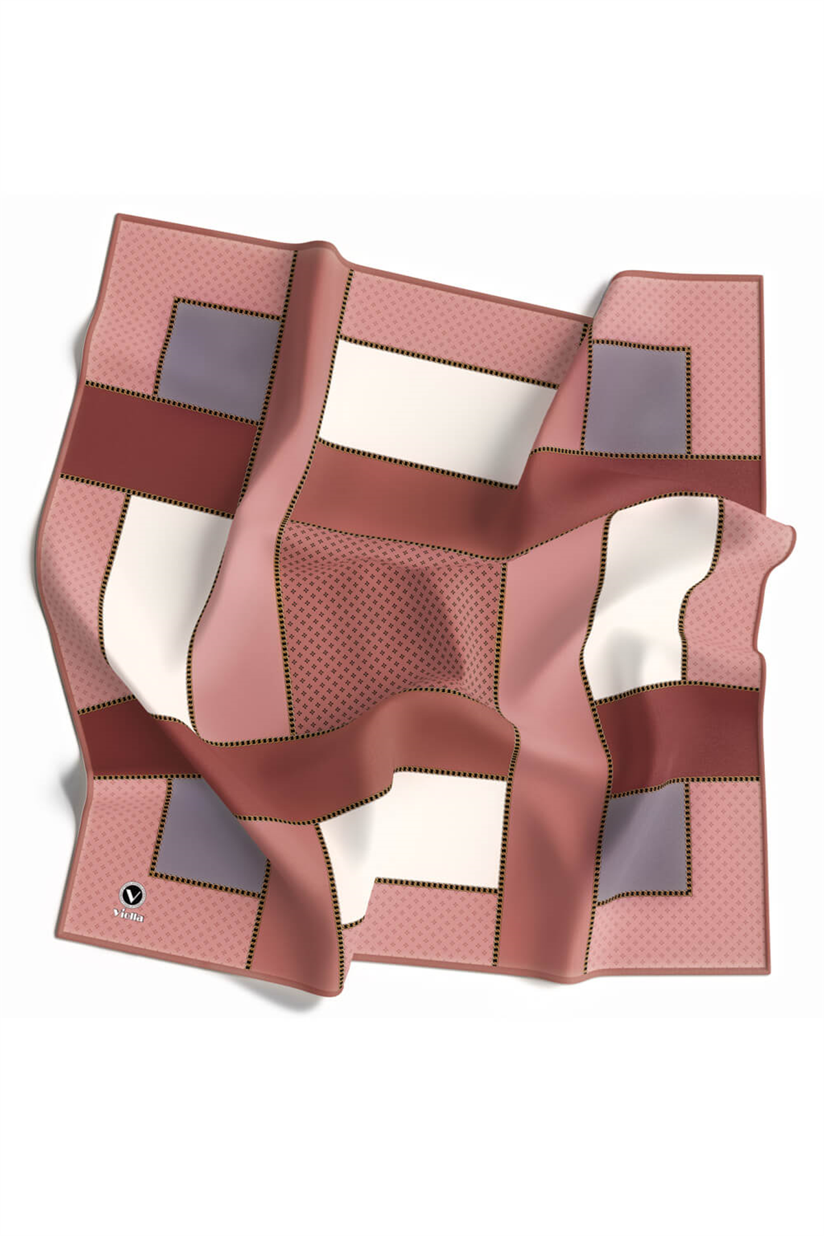 Twill Geometrik Desenli Pudra - Gri Renkli 90x90 Eşarp (İpek İçermez) Kenar Dikiş Şekli El Dikişli