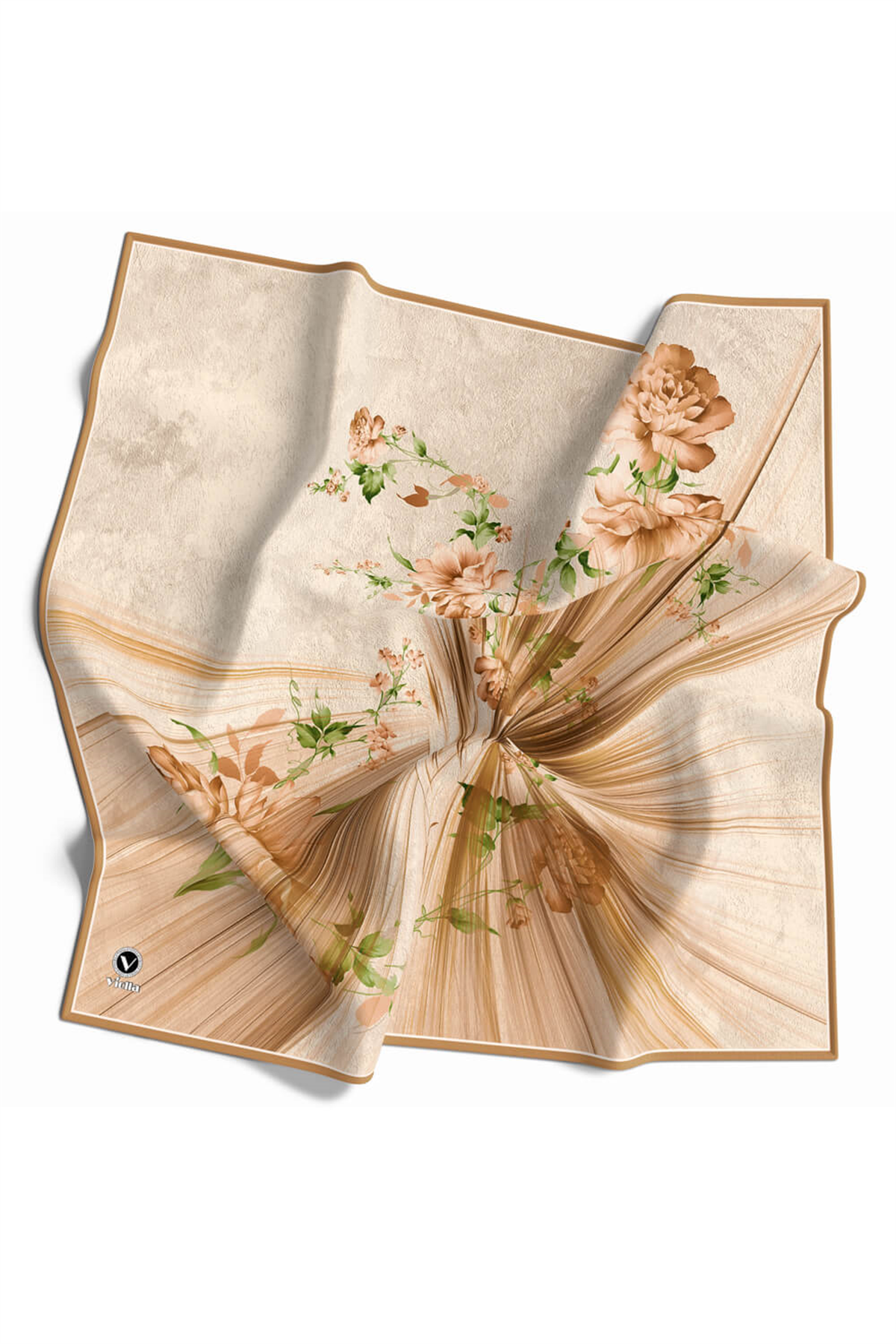 Twill Çiçekli Desenli Hardal Renkli 90x90 Eşarp (İpek İçermez) Kenar Dikiş Şekli El Dikişli