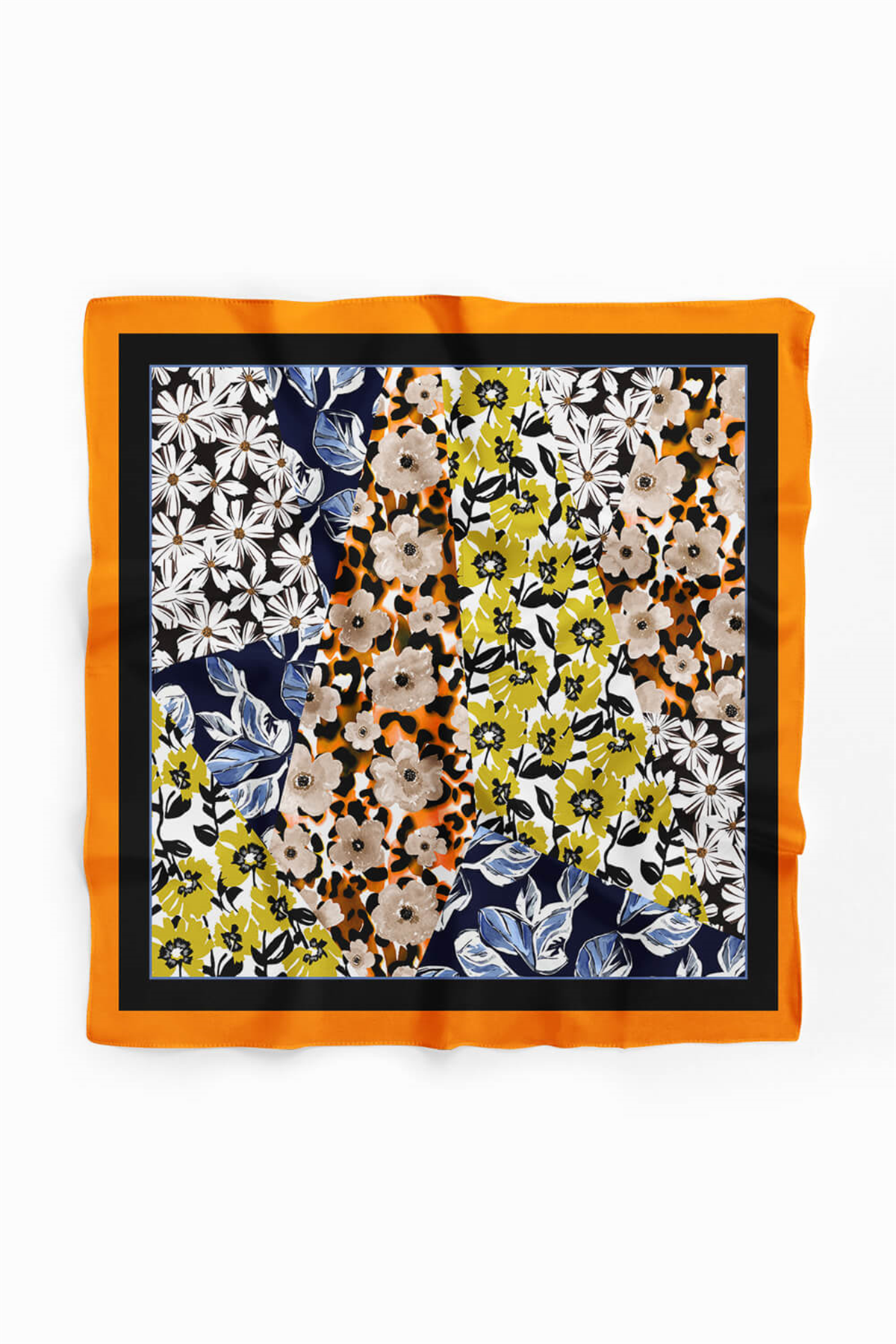 H47 Kadın Sarı Mavi Çiçek Desenli 50x50 Bandana HYL DG01631-22