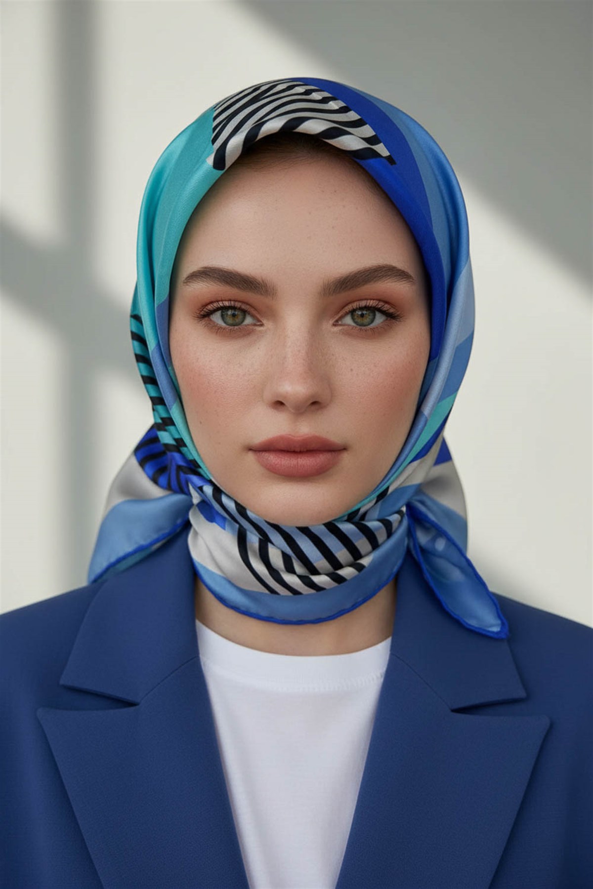 100% Twill İpek Geometrik Desenli Bebe Mavisi - Saks Renkli 90x90 Dikim Şekli : El Dikişi Eşarp