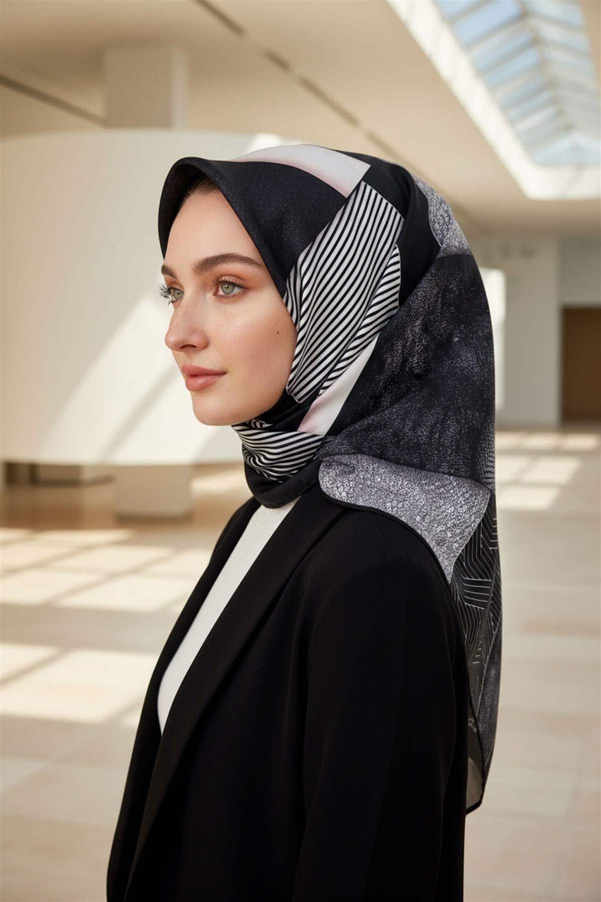 %100 Twill İpek Dokulu ve Geometrik Desenli Siyah - Kremi Renkli 90x90 Eşarp Dikim Şekli : El Dikişi