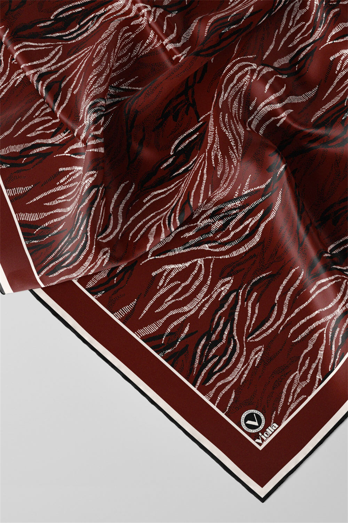 Twill Soyut Çizgi Desenli Bordo Renkli 90x90 Eşarp (İpek İçermez) Kenar Dikiş Şekli El Dikişli
