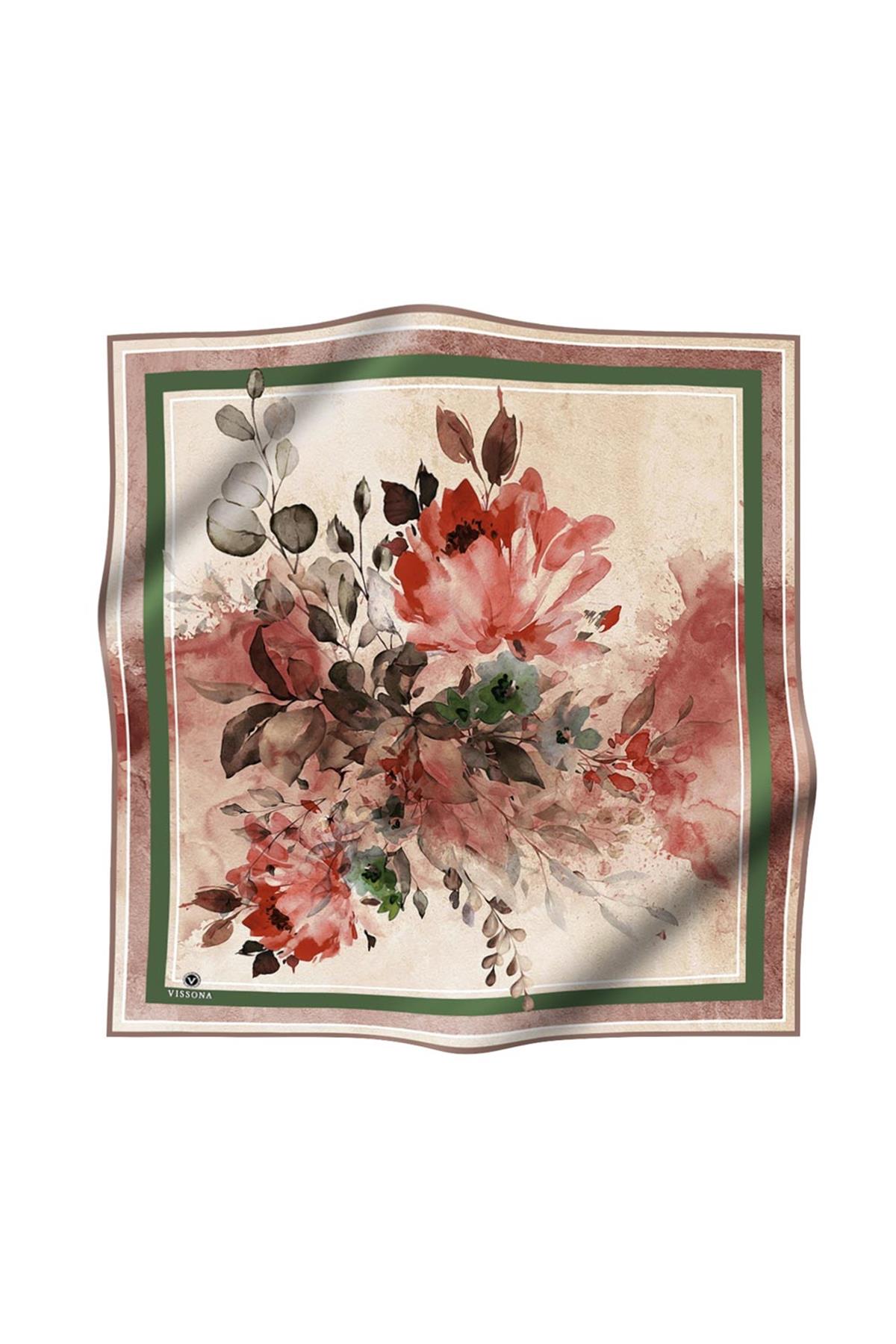 %100 Twill İpek Bahar Çiçekleri Desenli Narçiçeği - Haki Renkli 90x90 Eşarp Dikim Şekli : El Dikişi