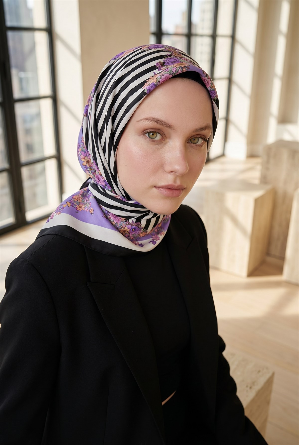 %100 Twill İpek Çıtır Çiçekli Ve Çizgi Desenli Siyah - Lila Renkli 90x90 Eşarp Dikim Şekli : El Dikişi