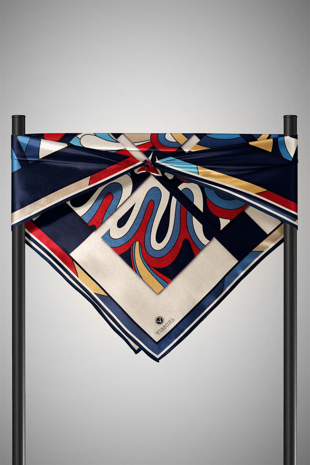 100% Twill İpek Geometrik Desenli Lacivert - Bordo Renkli 90x90 Dikim Şekli : El Dikişi Eşarp