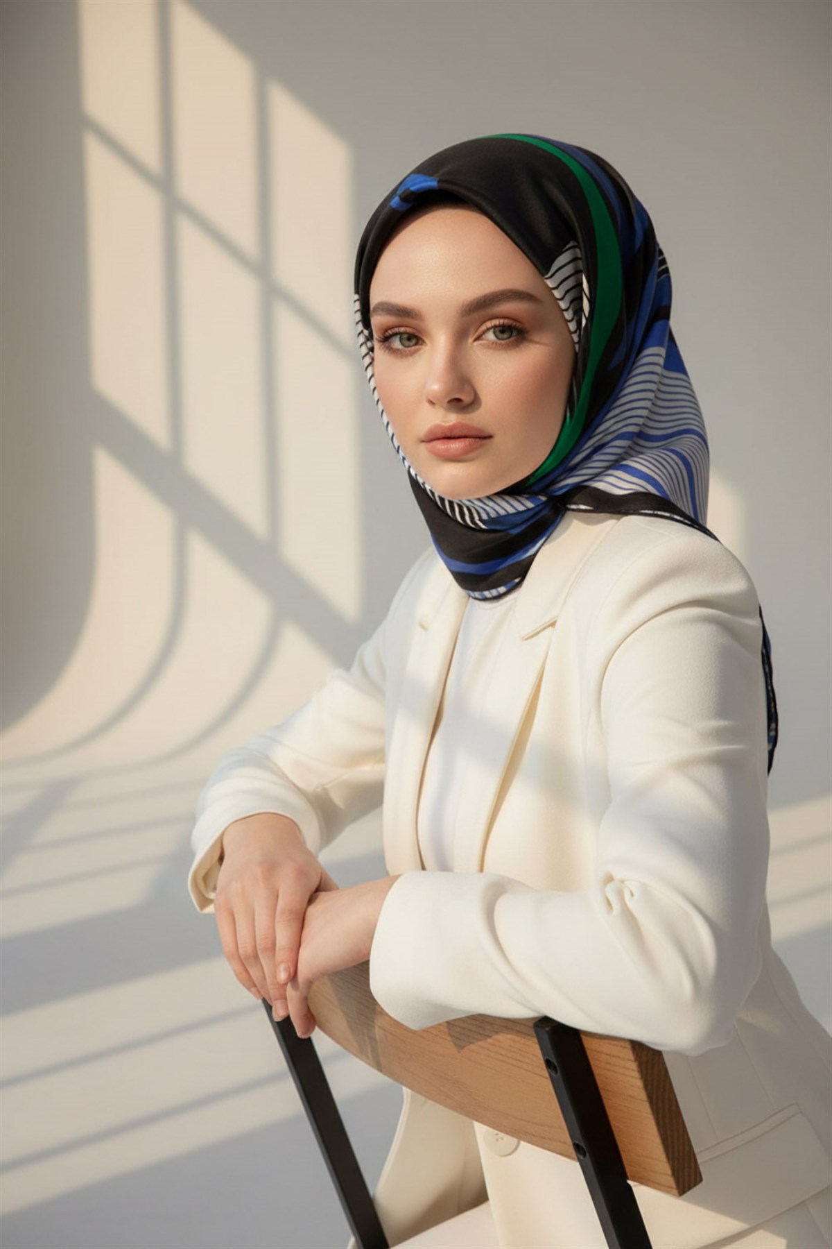 %100 Twill İpek Çizgili Geometrik Desenli Siyah - Saks Renkli 90x90 Eşarp Dikim Şekli : El Dikişi