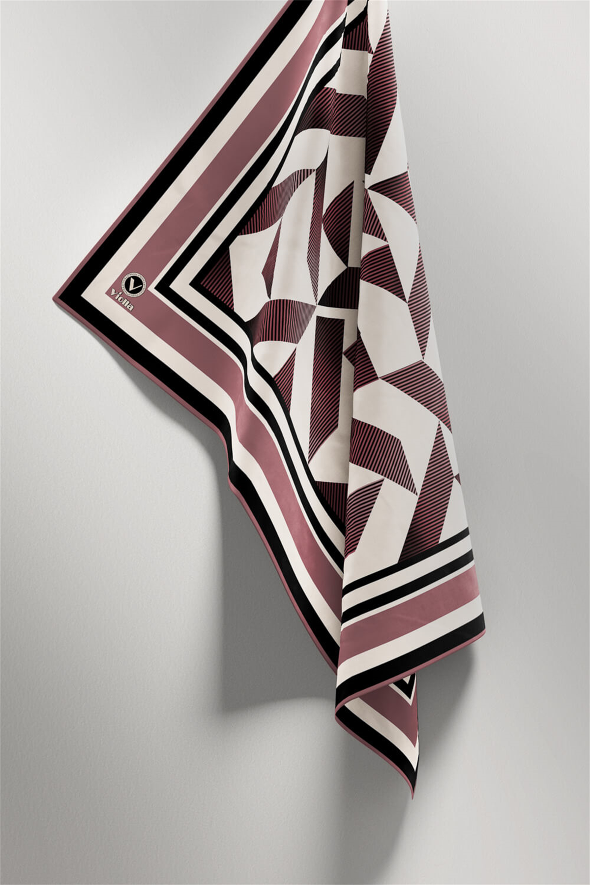 Twill Geometrik Desenli Pudra Renkli 90x90 Eşarp (İpek İçermez) Kenar Dikiş Şekli El Dikişli