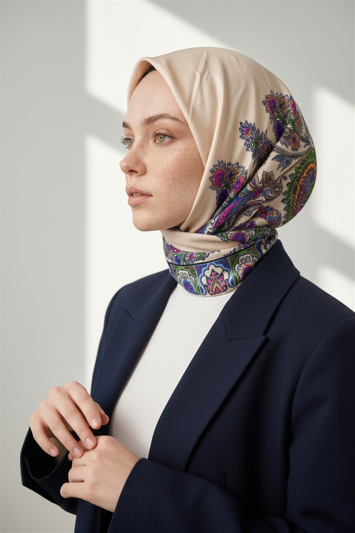 100% Twill İpek Etnik Desenli Krem Renkli 90x90 Dikim Şekli : El Dikişi Eşarp