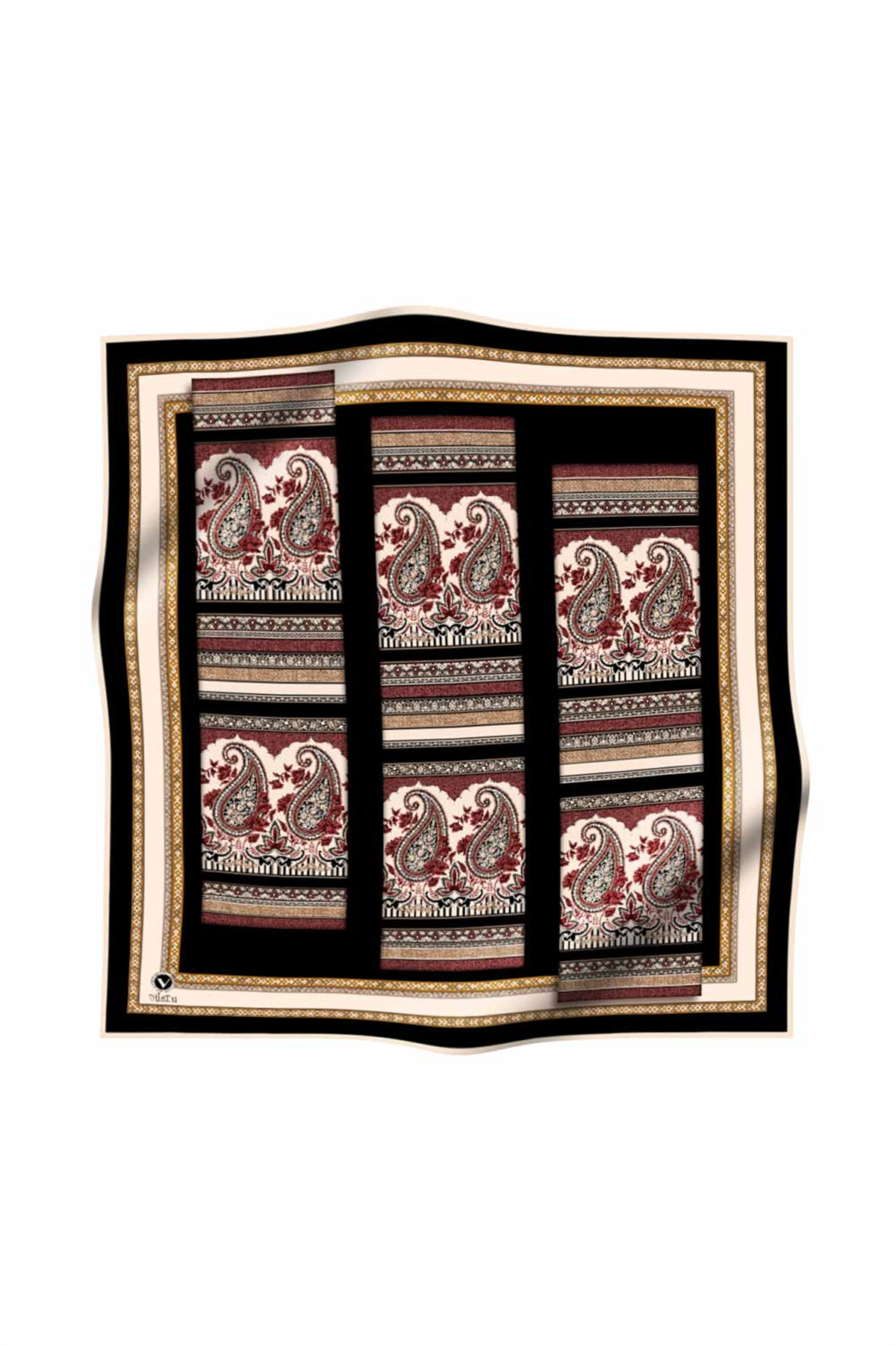 Twill Şal Desenli Siyah Renkli 90x90 Eşarp (İpek İçermez) Kenar Dikiş Şekli El Dikişli