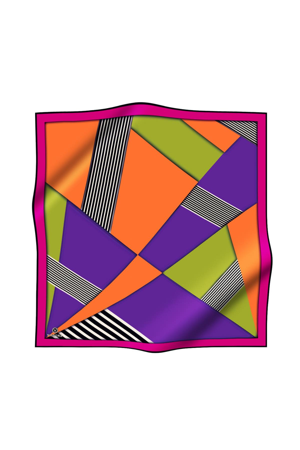 %100 Twill İpek Çizgili ve Geometrik Desenli Fuşya - Turuncu Renkli 90x90 Eşarp Dikim Şekli : El Dikişi