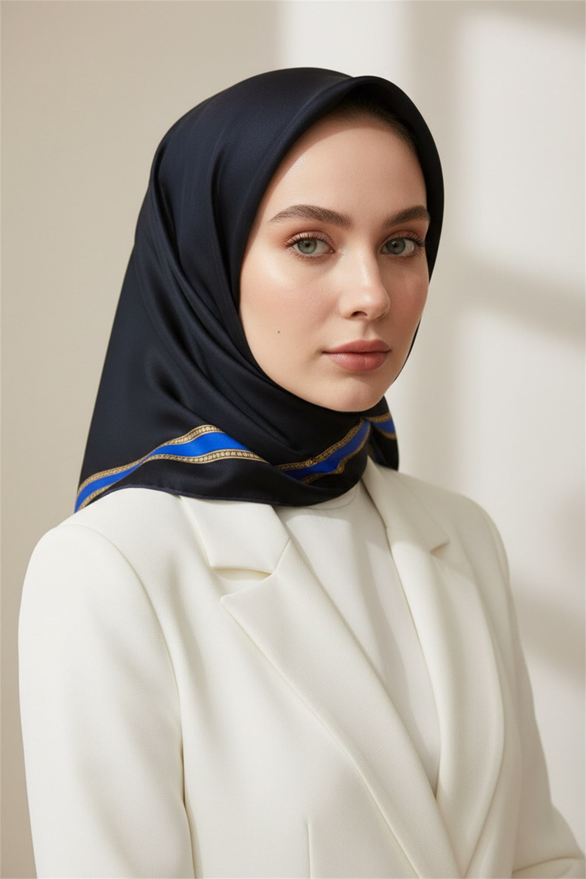 % 57 İPEK % 43 VİSKON Twill İpek Dokulu Şerit Desenli Siyah - Saks Renkli 90x90 Eşarp Dikim Şekli : El Dikişi