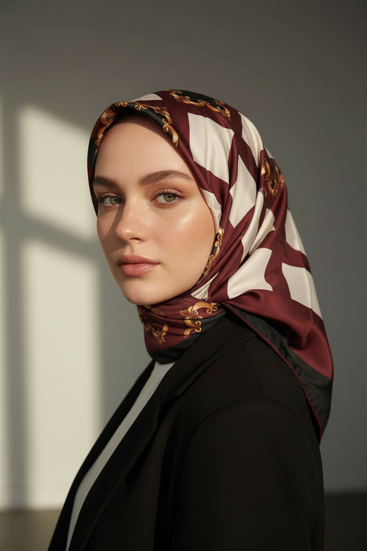 Twill Gold Detaylı Kare Desenli Siyah - Bordo Renkli 90x90 Eşarp (İpek İçermez) Kenar Dikiş Şekli El Dikişli