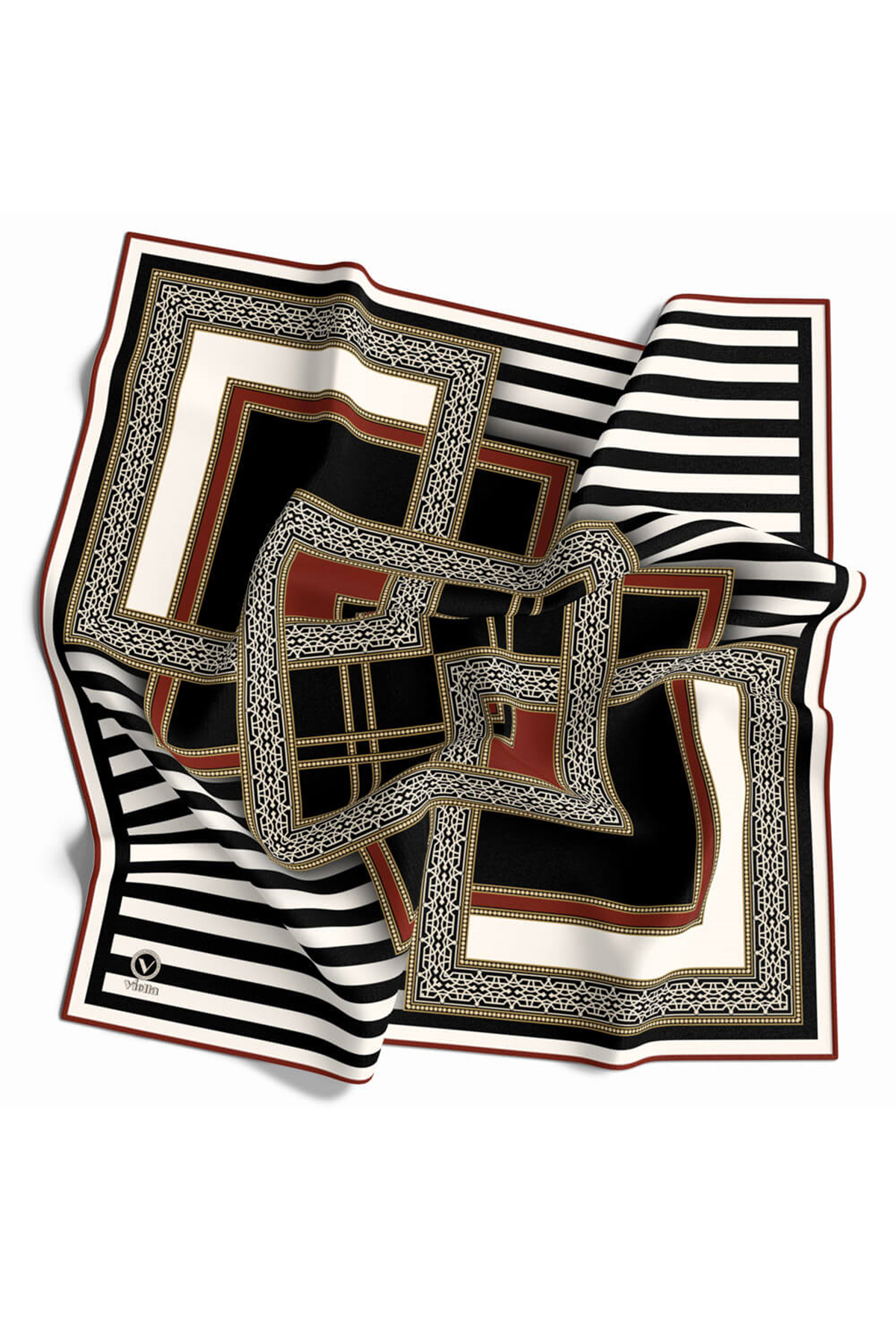 Twill Çizgili ve Kareli Desenli Bordo Renkli 90x90 Eşarp (İpek İçermez) Kenar Dikiş Şekli El Dikişli