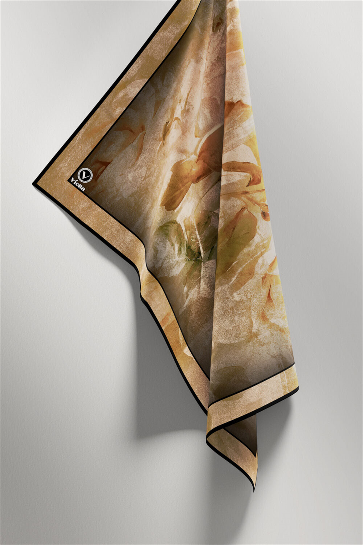 Twill Sulu Boyalı Çiçek Desenli Hardal Renkli 90x90 Eşarp (İpek İçermez) Kenar Dikiş Şekli El Dikişli