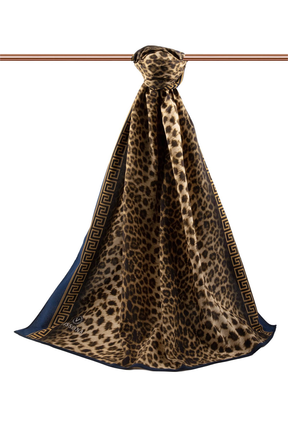 KREP BAROK BARDÜRLÜ LEOPAR DESENLİ HARDAL - LACİVERT RENKLİ 75X195 KIRIŞMAZ ŞAL