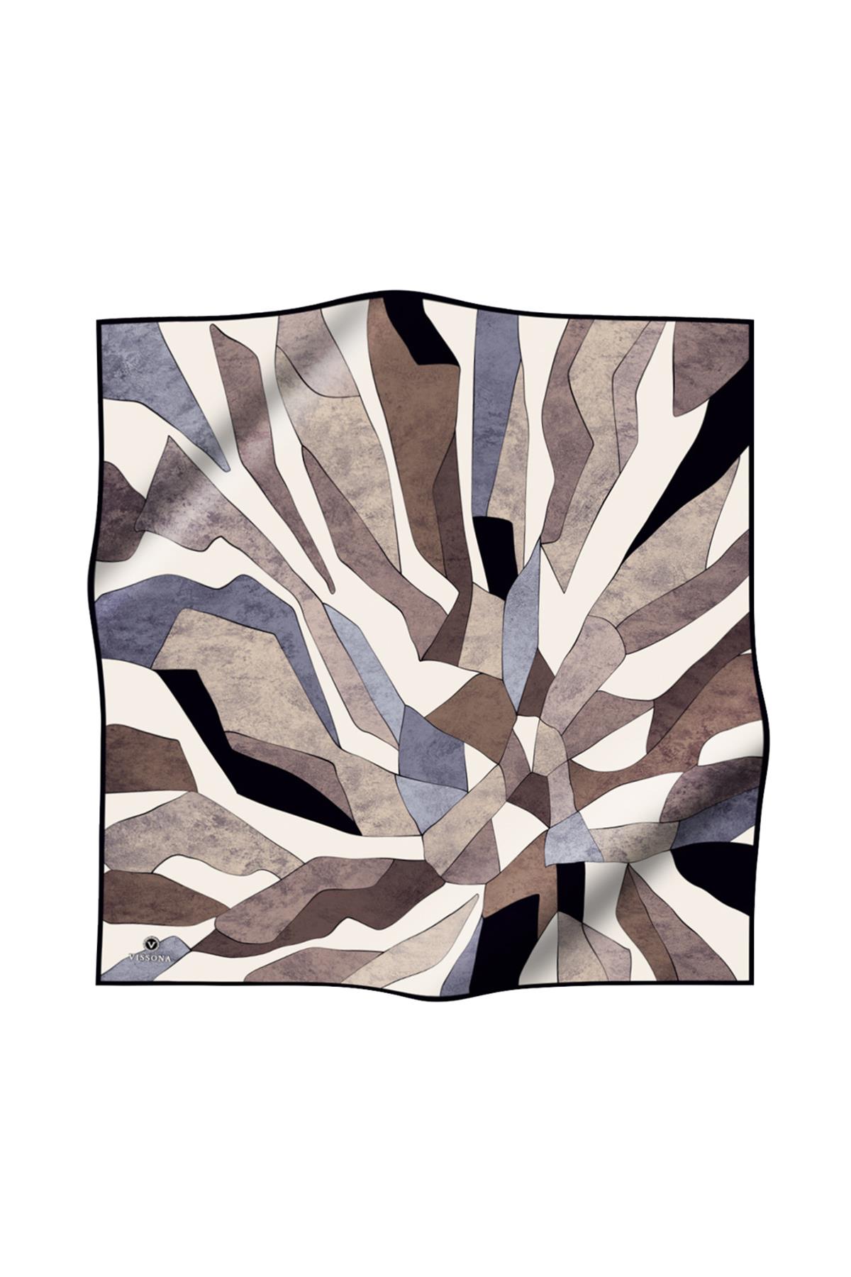 %100 Twill İpek Geometrik Desenli Gri - Bej Renkli 90x90 Eşarp Dikim Şekli : El Dikişi