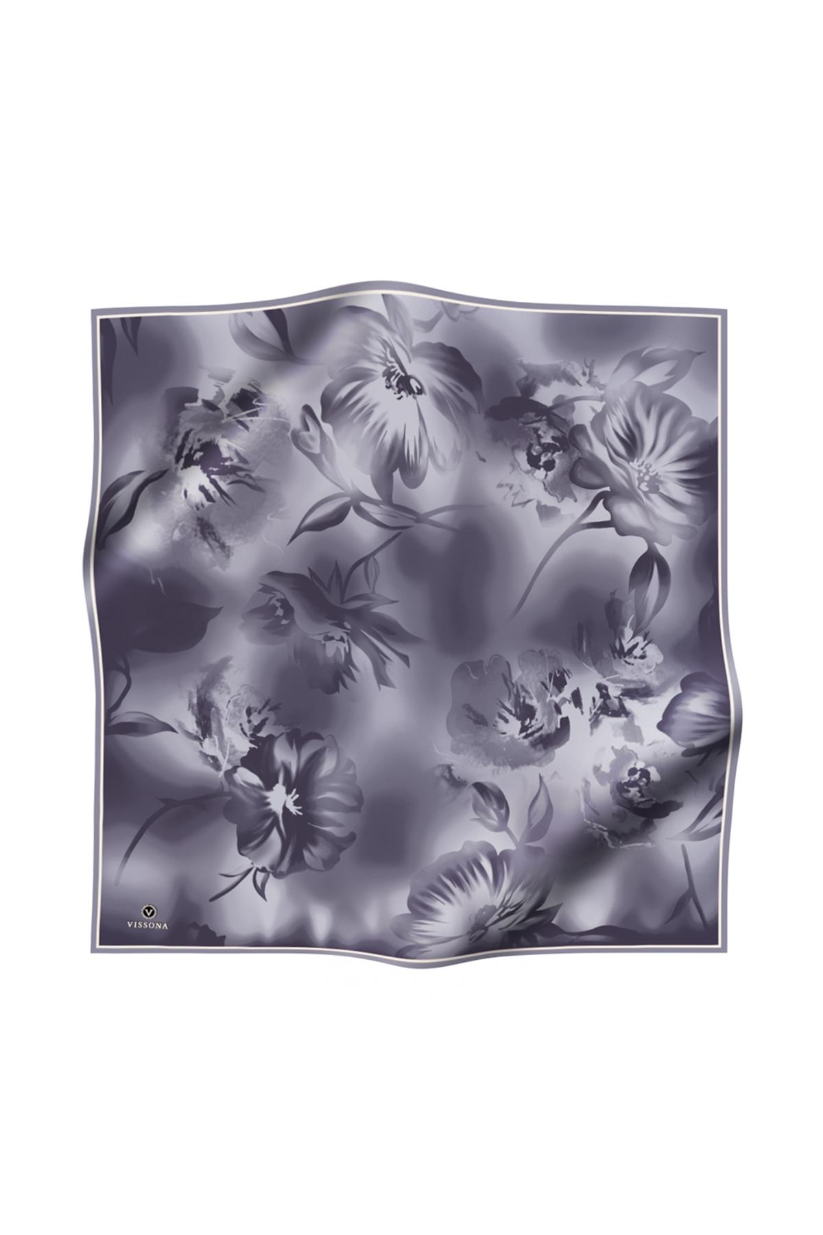 % 57 İPEK % 43 VİSKON Twill İpek Çiçek Desenli Gümüş Renkli 90x90 Dikim Şekli : El Dikişi Eşarp