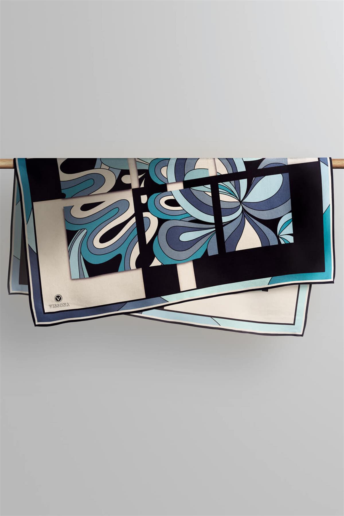 100% Twill İpek Geometrik Desenli Bebe Mavisi - İndigo Renkli 90x90 Dikim Şekli : El Dikişi Eşarp