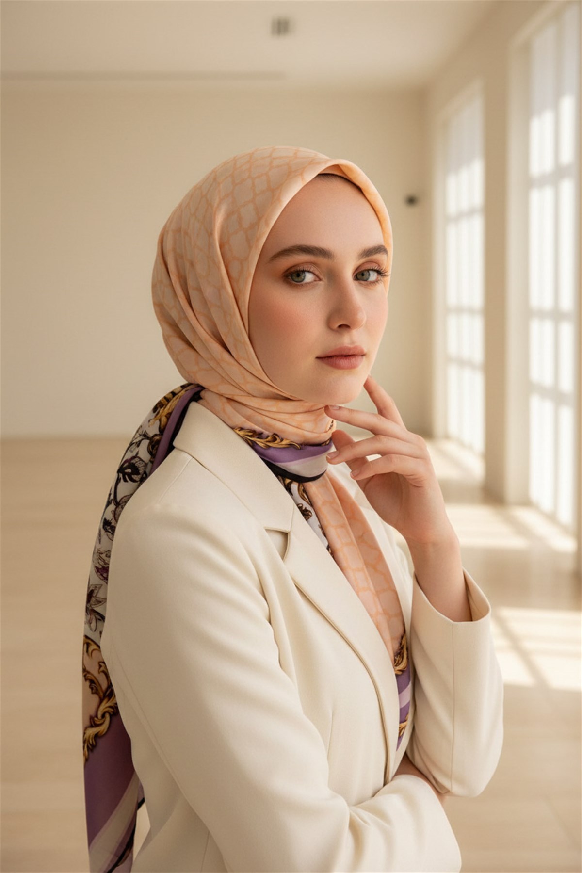%100 Saf İpek Şal İnce Saten Vual Dokuma Dokuma Çiçek Desenli Mor - Somon Renkli 90x210 Şal