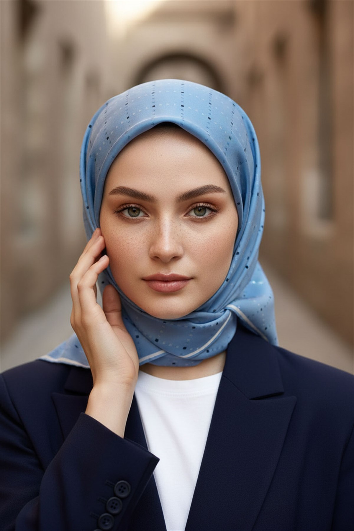 % 57 İPEK % 43 VİSKON Twill İpek Minik V Desenli Bebe Mavisi Renkli 90x90 Eşarp Dikim Şekli : El Dikişi