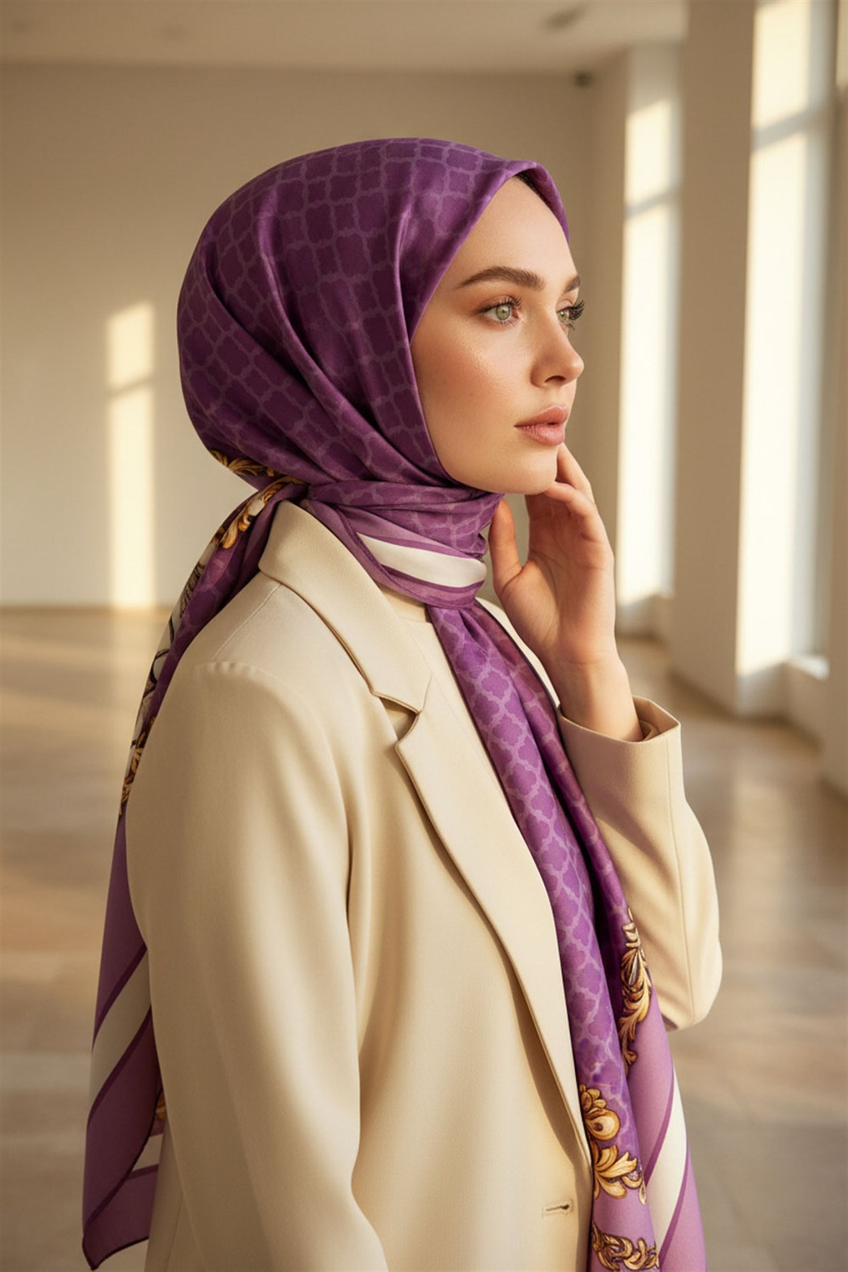 %100 Saf İpek Şal İnce Saten Vual Dokuma Dokuma Çiçek Desenli Mor - Lila Renkli 90x210 Şal