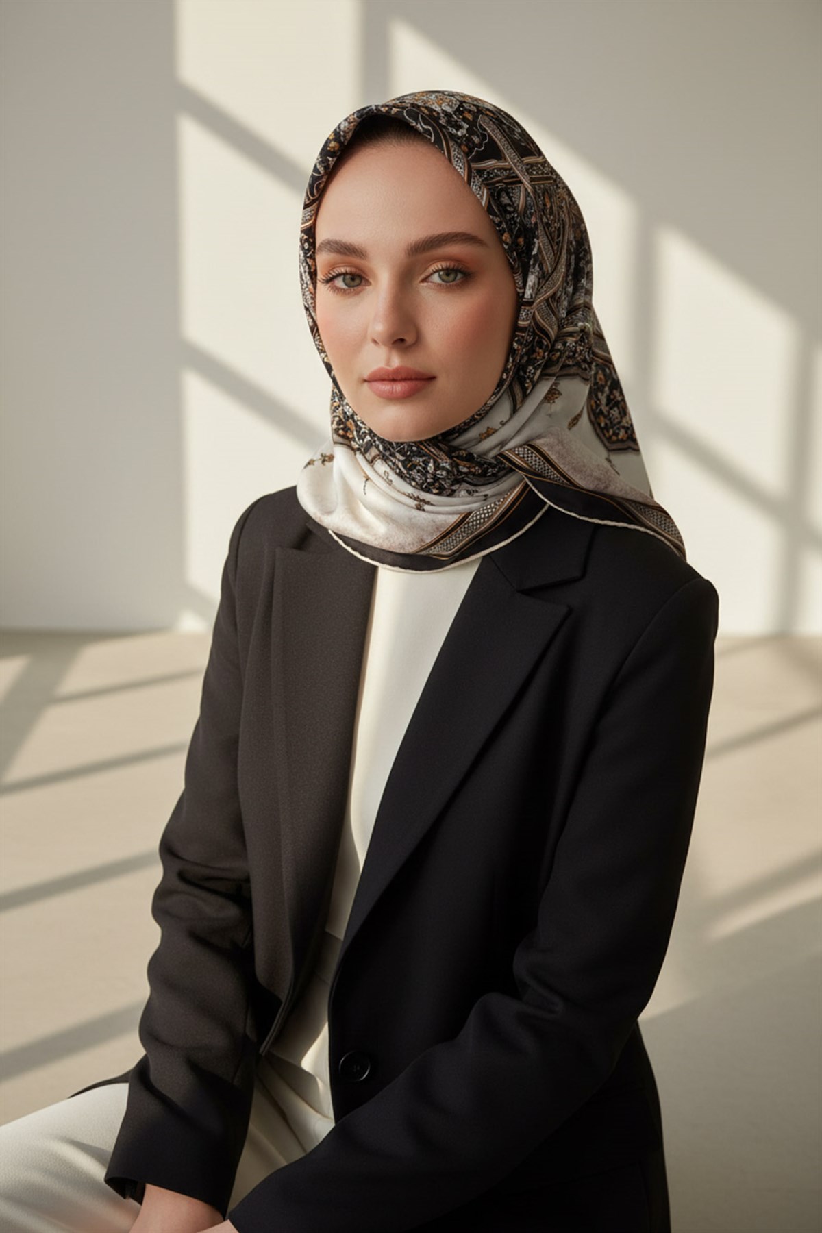 %100 Twill İpek Şal Desenli Siyah - Krem Renkli 90x90 Eşarp Dikim Şekli : El Dikişi