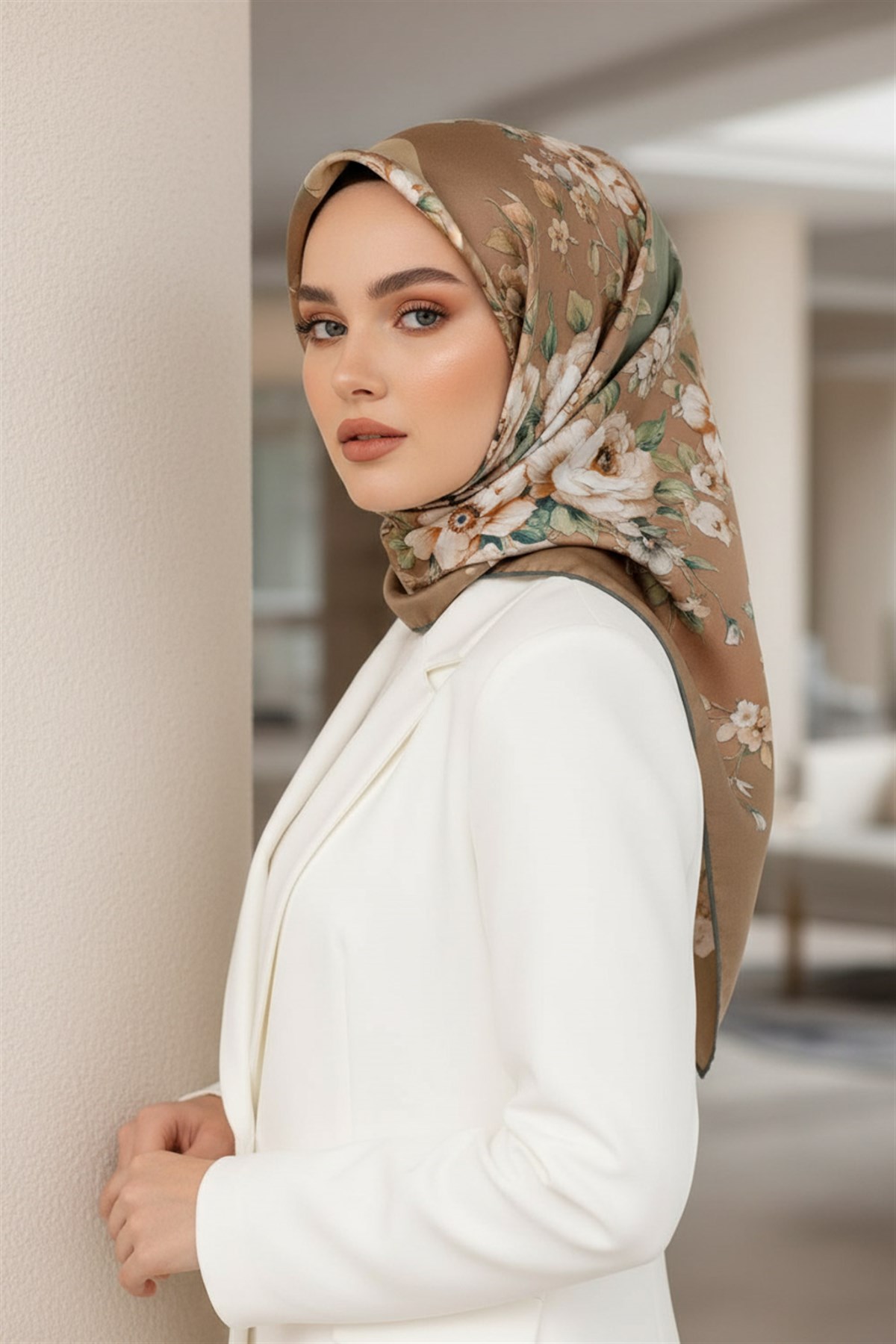 %100 Twill İpek Geometrik Ve Çiçek Desenli Haki Renkli 90x90 Eşarp Dikim Şekli : El Dikişi