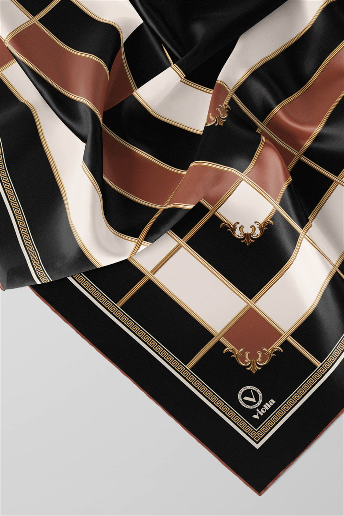 Twill Gold Detaylı Kareli Desenli Bakır Renkli 90x90 Eşarp (İpek İçermez) Kenar Dikiş Şekli El Dikişli