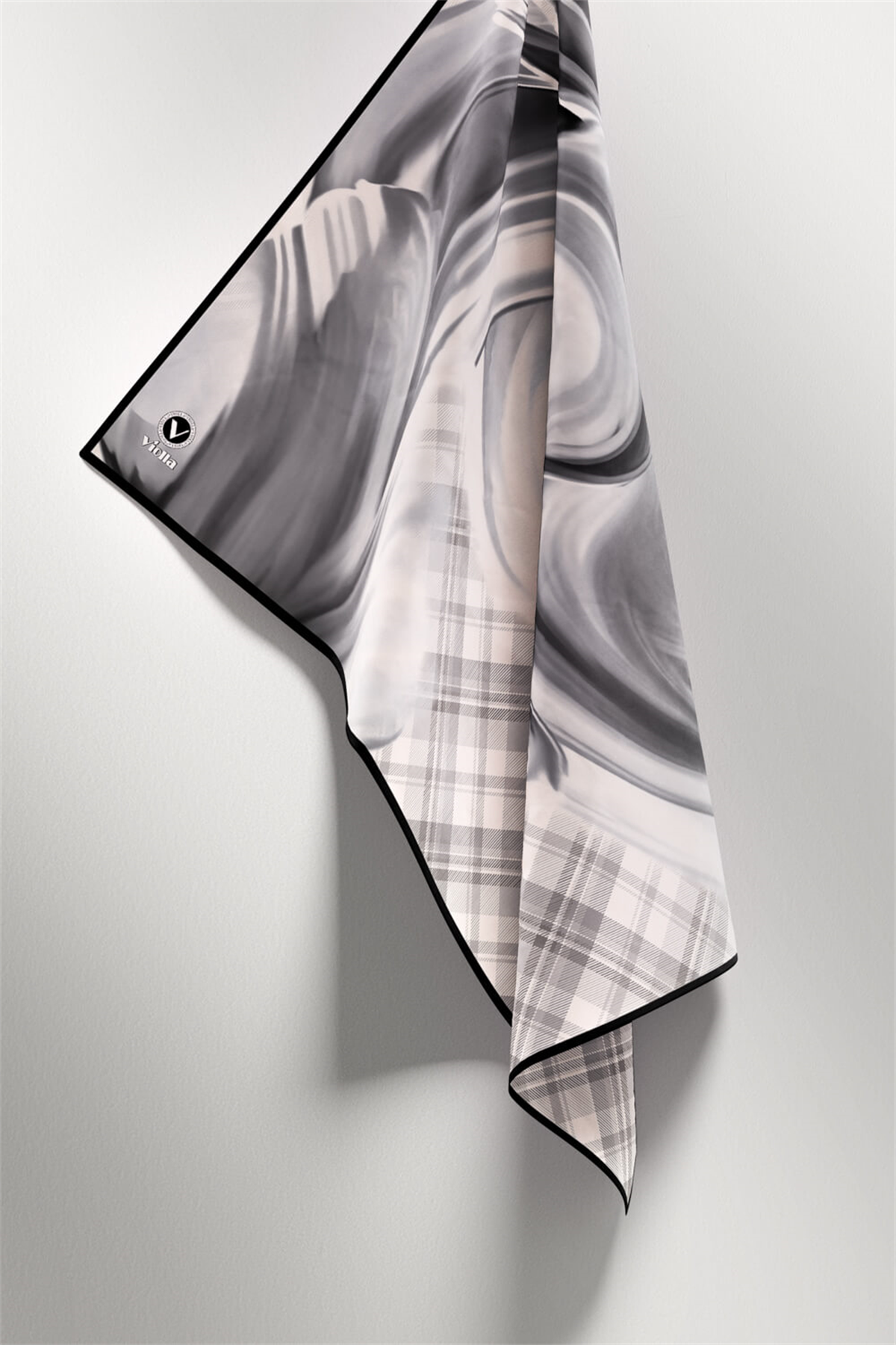Twill Dalga ve Ekose Desenli Gri Renkli 90x90 Eşarp (İpek İçermez)Kenar Dikiş Şekli El Dikişli