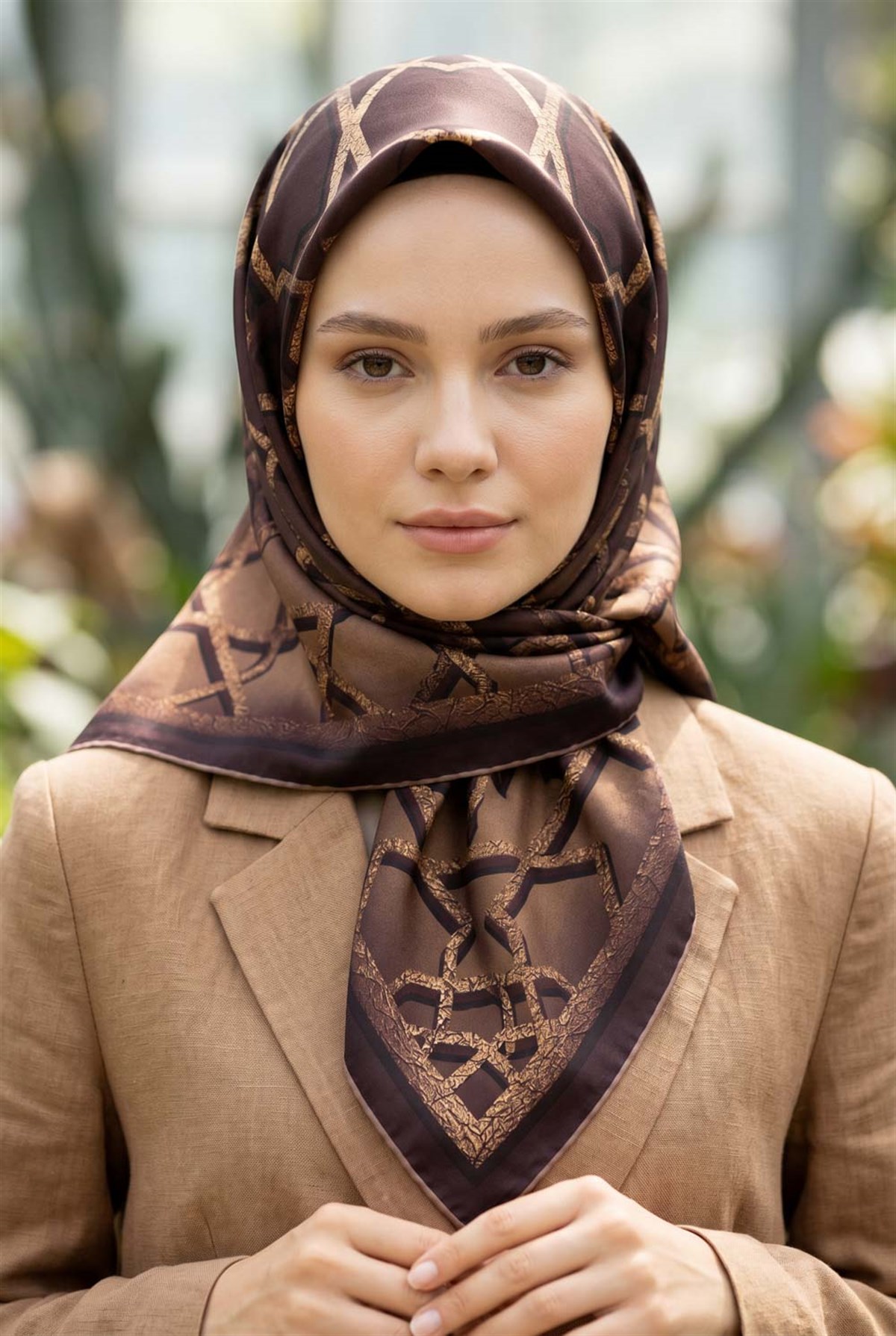 %100 Twill Türk Motifi  Desenli Vizon Renkli 90x90 Eşarp Dikim Şekli: El Dikişi