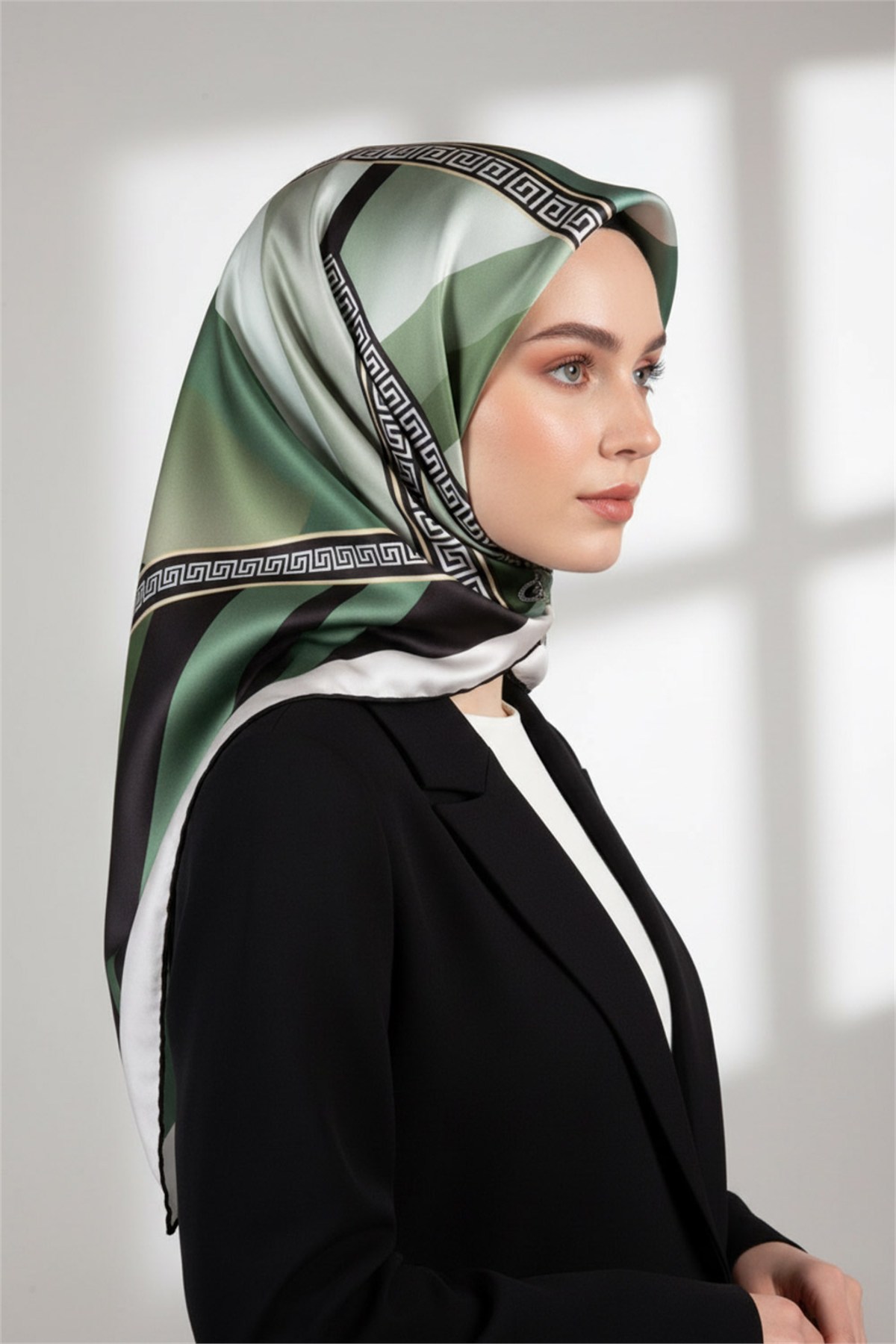 Kristal Geometrik Desenli Haki Renkli 90x90 Dikim Şekli : El Dikişi Eşarp (İpek İçermez)