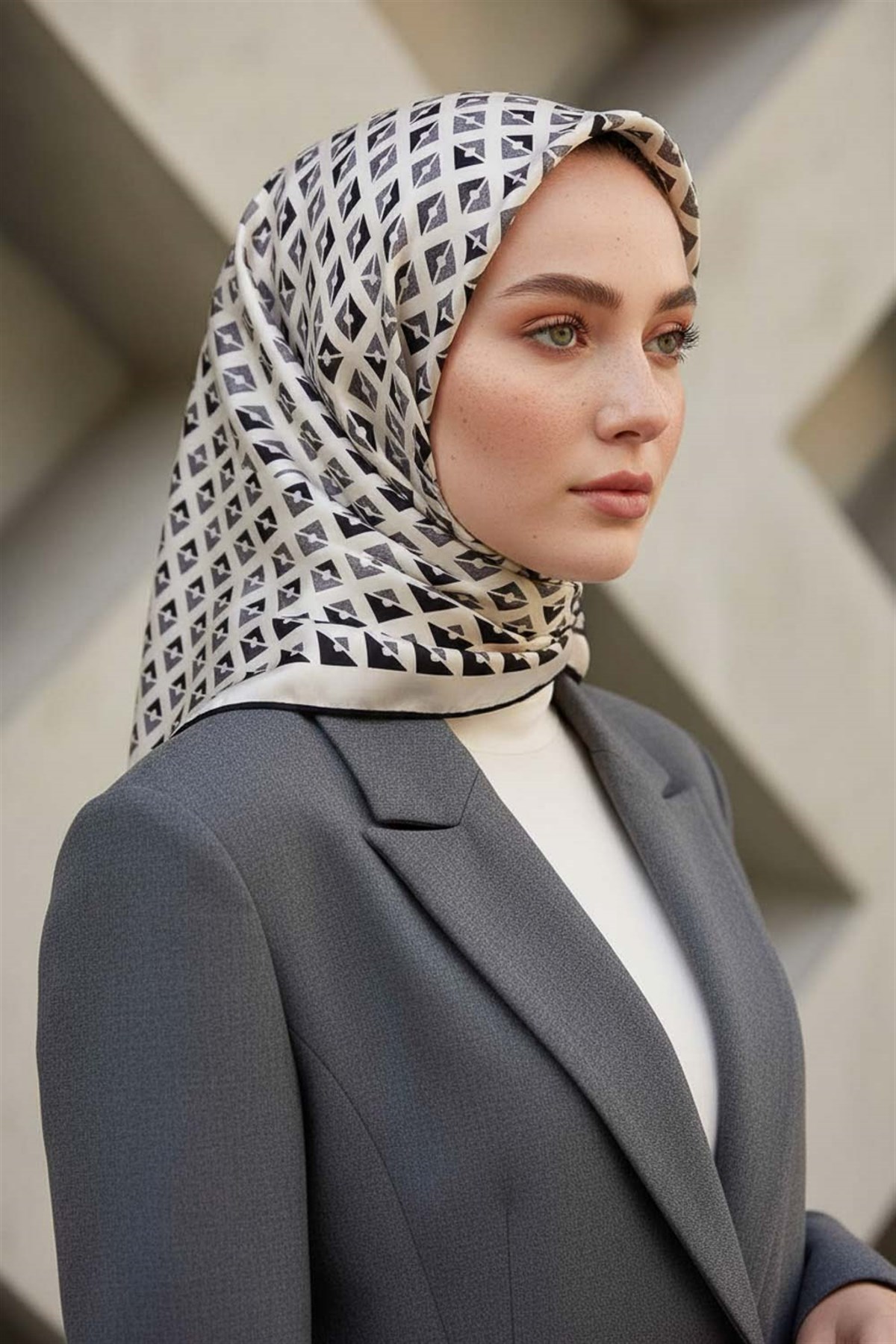 %100 Twill İpek Geometrik Desenli Beyaz - Siyah Renkli 90x90 Eşarp Dikim Şekli : El Dikişi