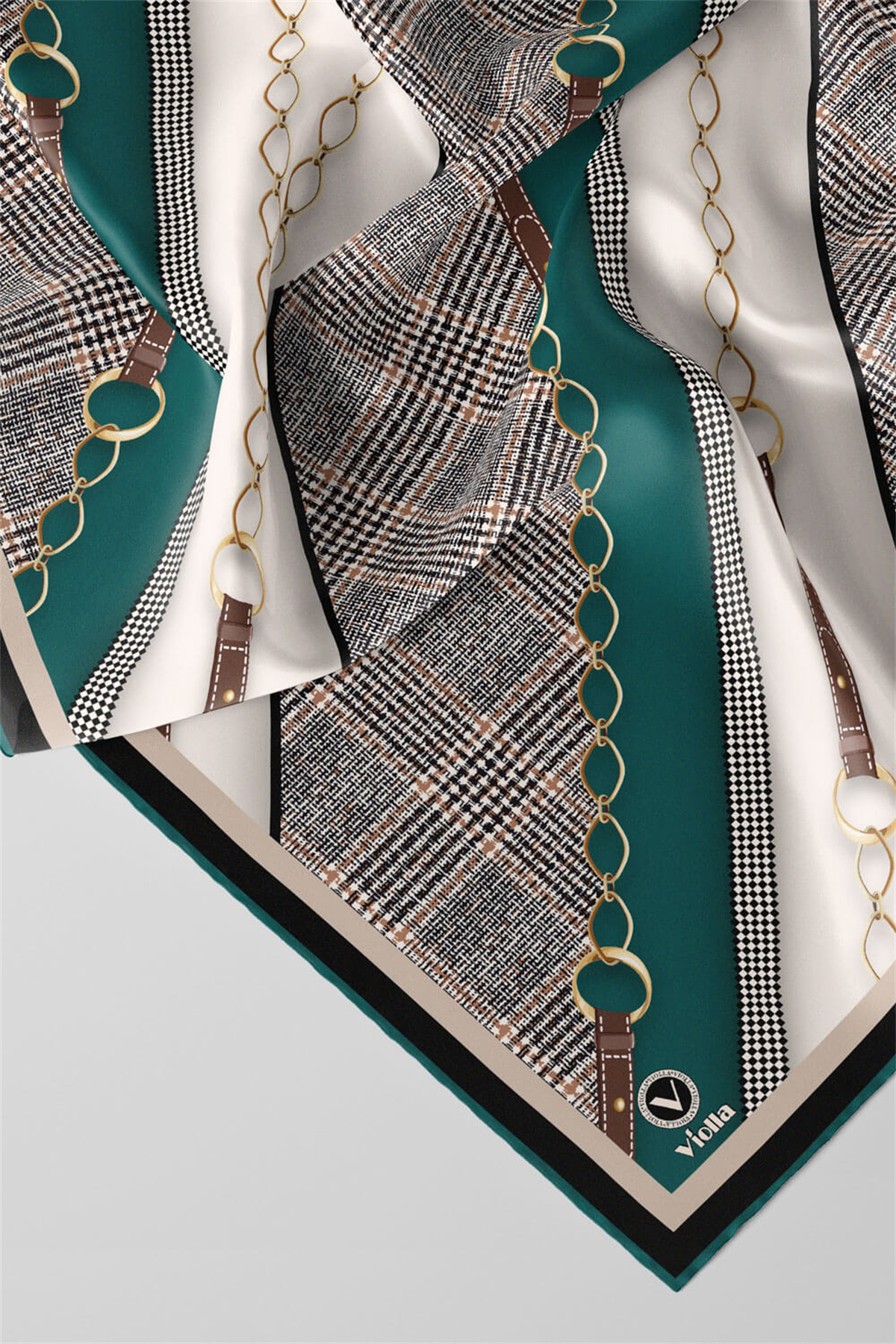 Twill Kemer Desenli Petrol Yeşili Renkli 90x90 Eşarp (İpek İçermez) Kenar Dikiş Şekli El Dikişli