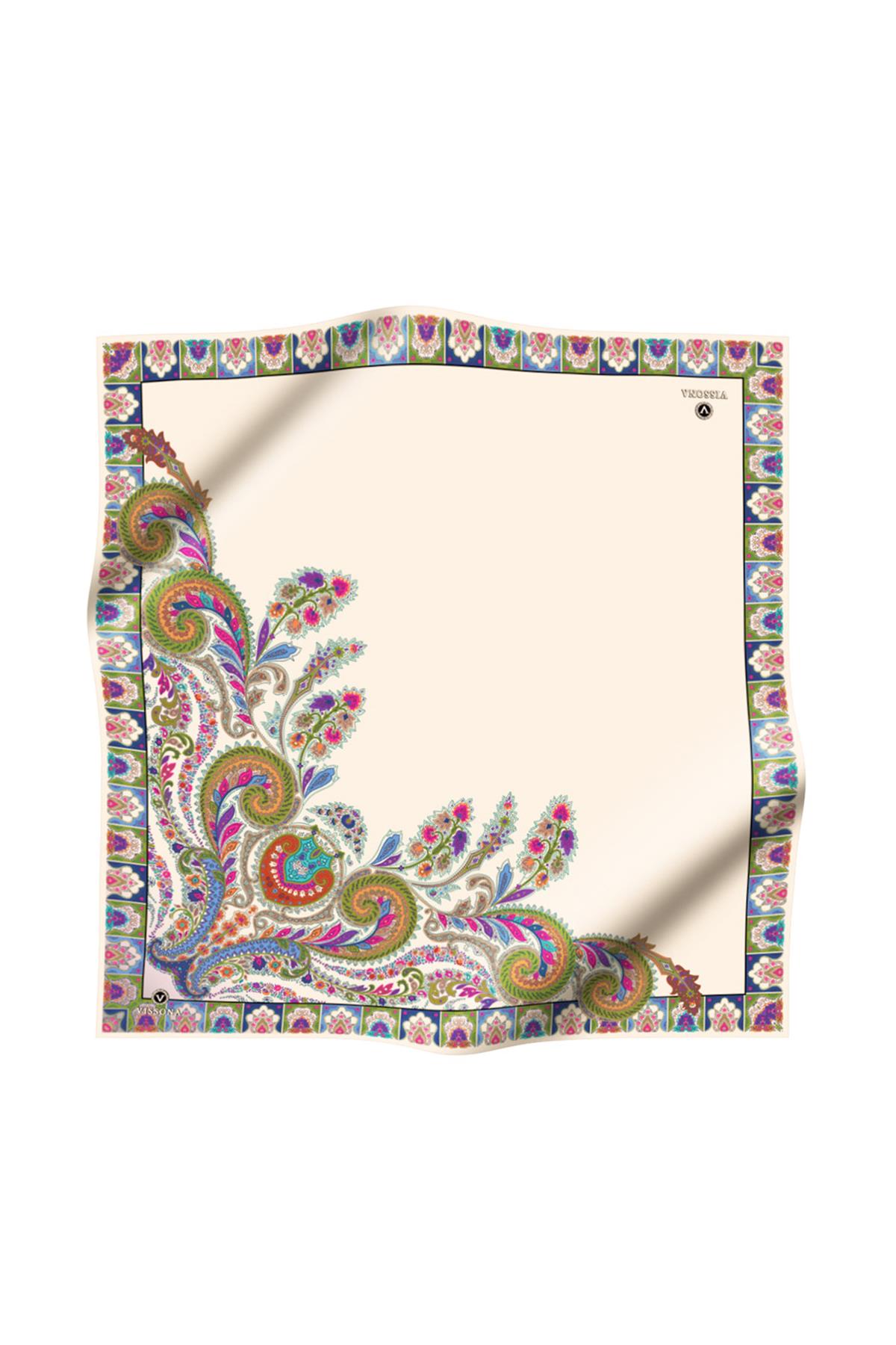 100% Twill İpek Etnik Desenli Krem Renkli 90x90 Dikim Şekli : El Dikişi Eşarp