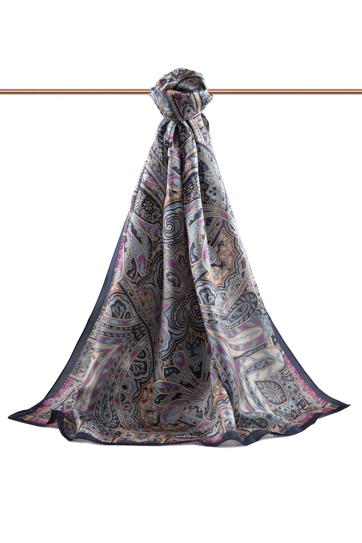 100% İpek Etro Desenli Lacivert - Gold Renkli 92x210 Şal
