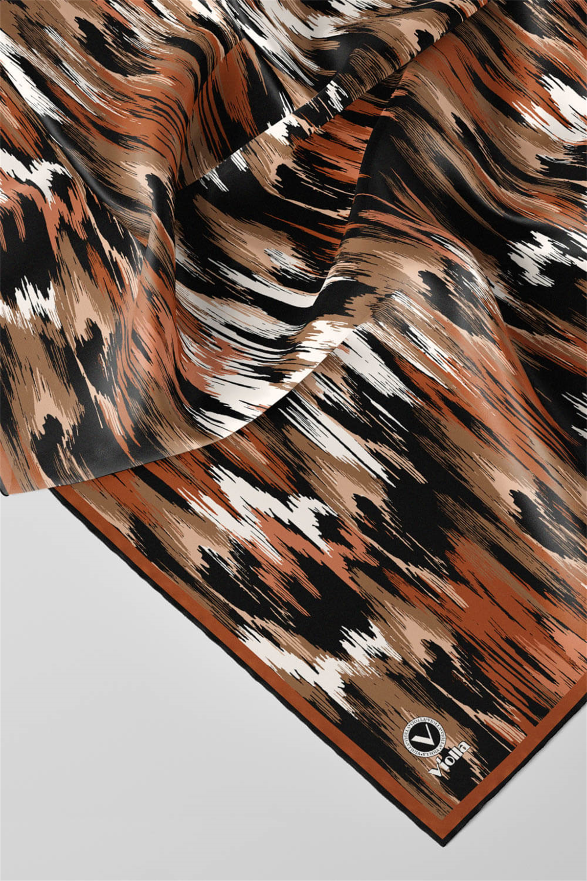 Twill Fırça Desenli Taba Renkli 90x90 Eşarp (İpek İçermez) Kenar Dikiş Şekli El Dikişli