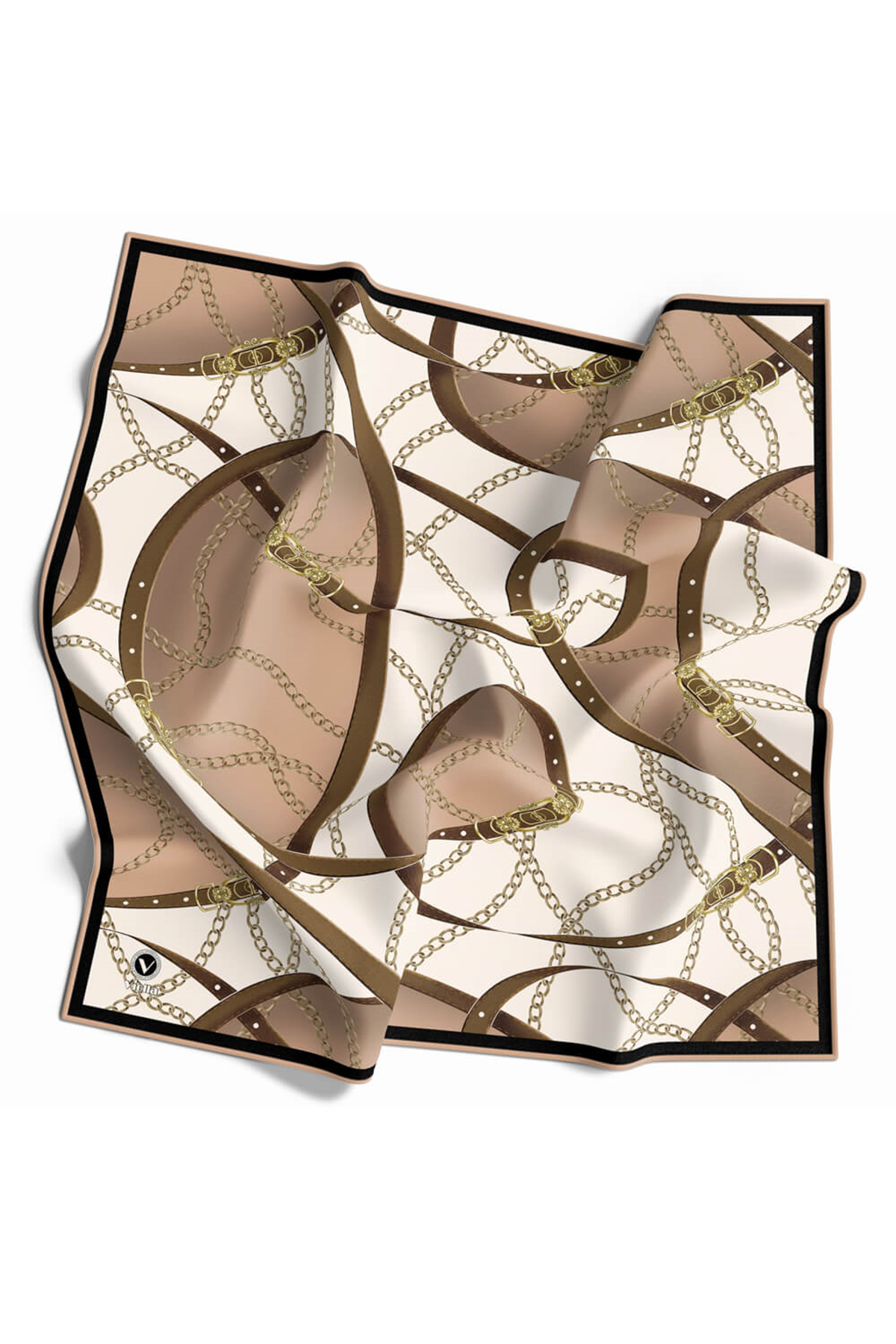 Twill Kemer ve Zincir Desenli Somon Renkli 90x90 Eşarp (İpek İçermez) Kenar Dikiş Şekli El Dikişli