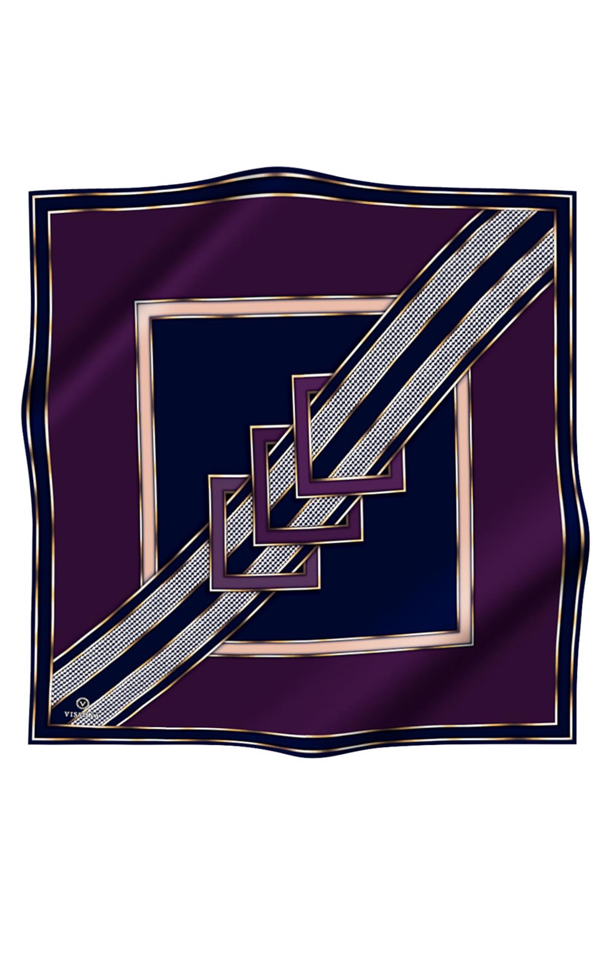 %100 Twill İpek Kareli Kazayaklı Desenli Mürdüm - Lacivert Renkli 90x90 Eşarp Kenar Dikiş Şekli El Dikişli