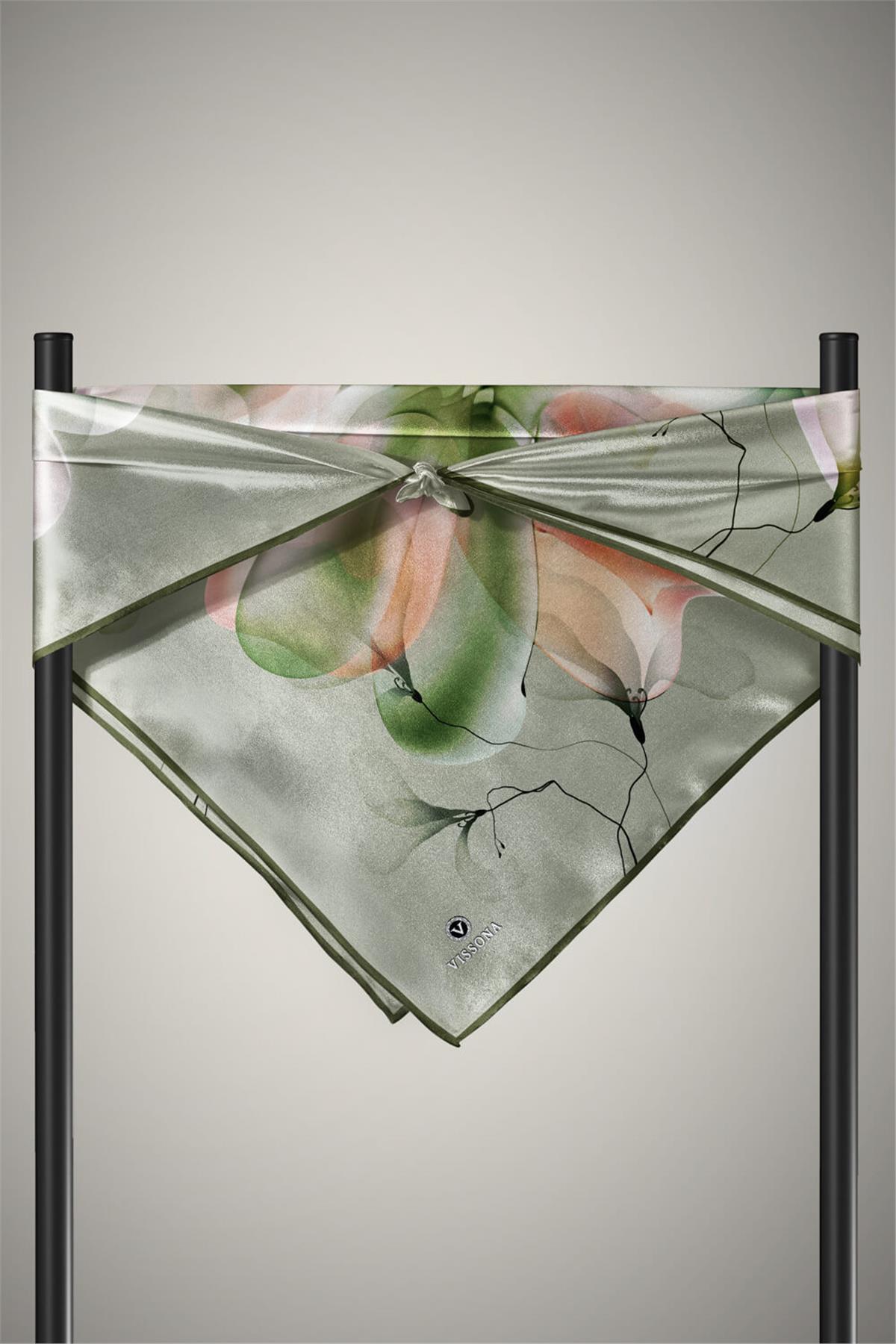 %100 Twill İpek Büyük Çiçek Desenli Haki - Somon Renkli 90x90 Eşarp Dikim Şekli : El Dikişi