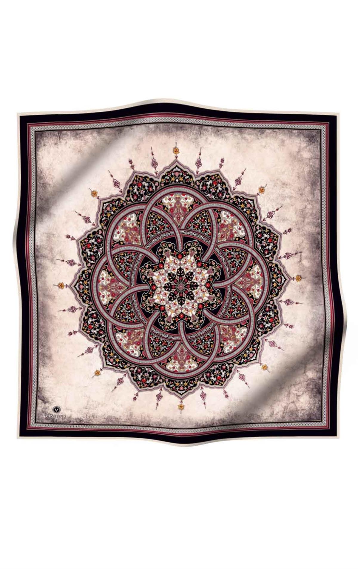 %100 Twill İpek Şal Desenli Siyah - Bordo Renkli 90x90 Eşarp Dikim Şekli : El Dikişi