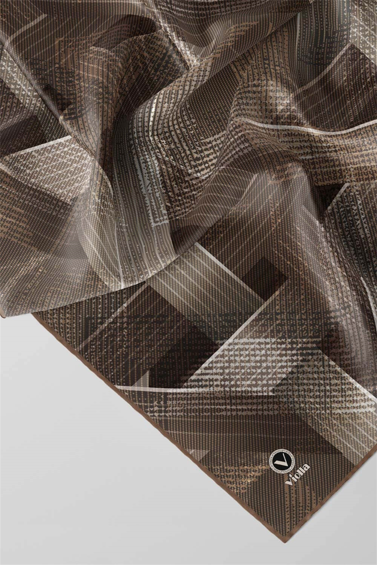 Twill Dokulu Geometrik Desenli Bej  Renkli 90x90 Eşarp (İpek İçermez) Kenar Dikiş Şekli El Dikişli