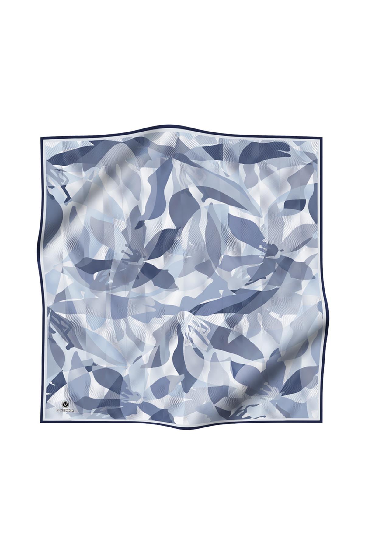 %100 Twill İpek Çiçek Desenli Bebe Mavisi - İndigo Renkli 90x90 Eşarp Dikim Şekli : El Dikişi