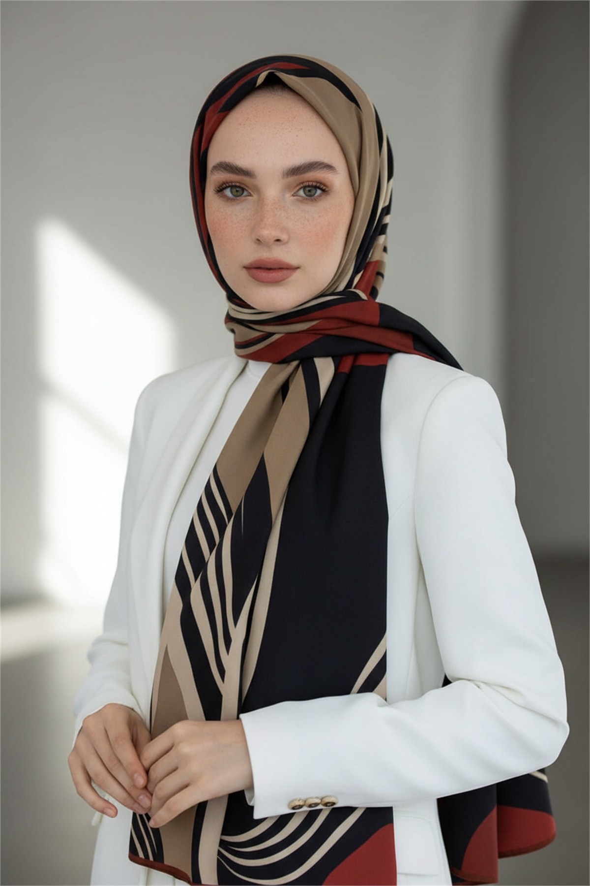 KREP GEOMETRİK DESENLİ BEJ RENKLİ 75X195 KIRIŞMAZ ŞAL