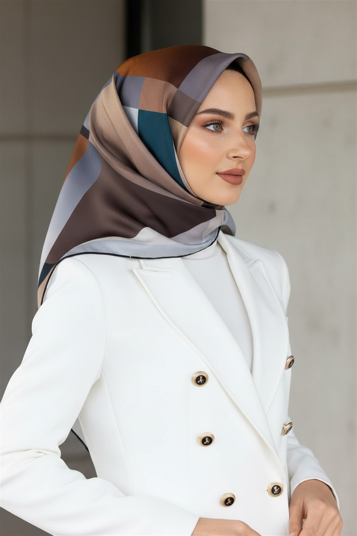 %57 İPEK % 43 VİSKON Twill İpek Geometrik Desenli Petrol Mavisi - Gri Renkli 90x90 Eşarp Dikim Şekli : El Dikişi