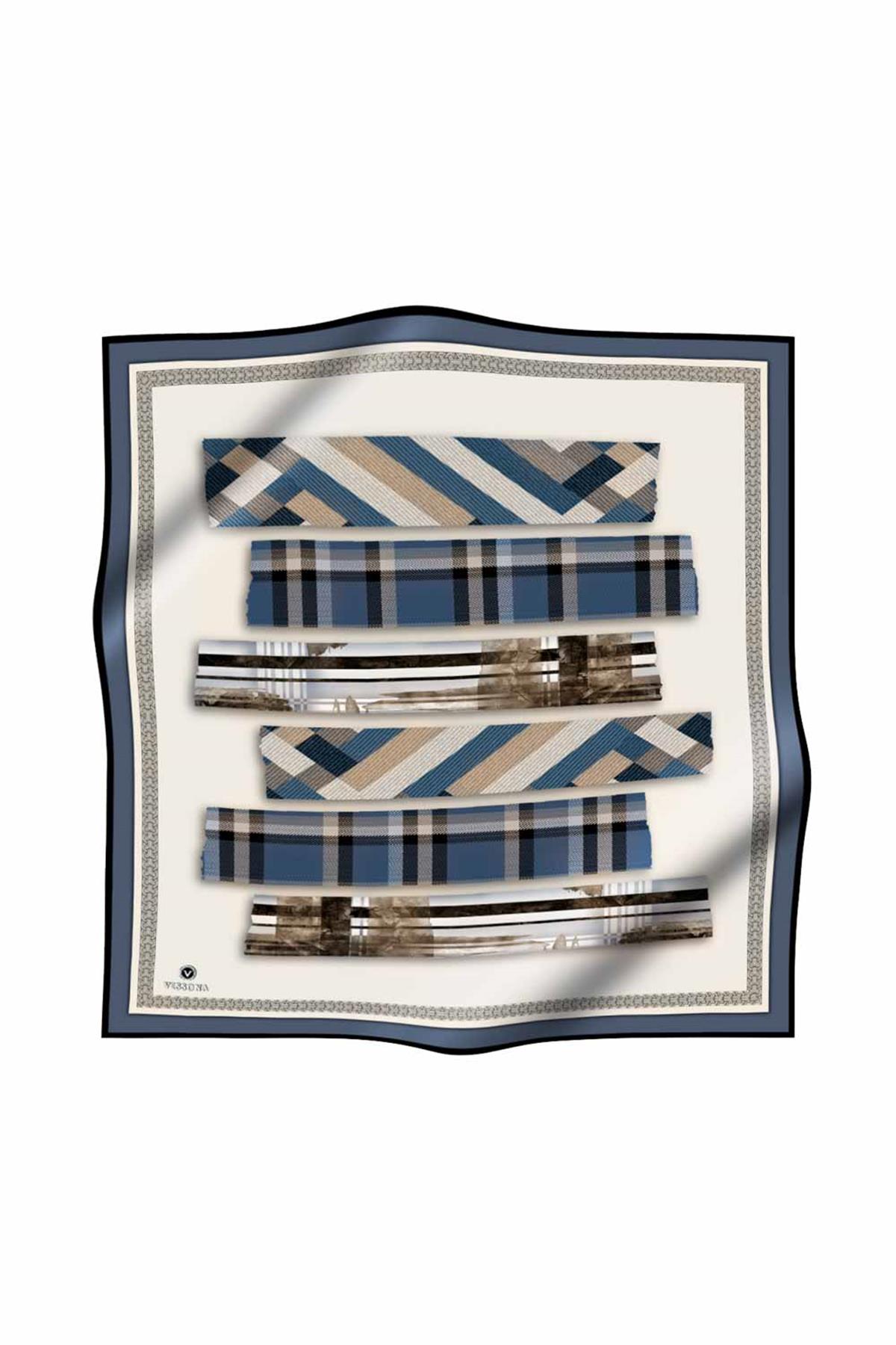 %100 Twill İpek Ekose Desenli İndigo - Krem Renkli 90x90 Eşarp Dikim Şekli : El Dikişi