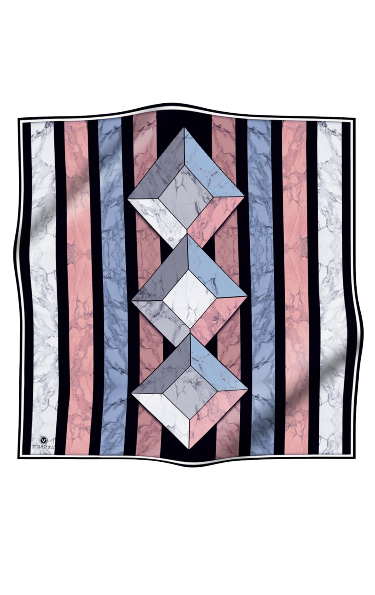 %100 Twill İpek Geometrik Mermer Desenli Pudra - Siyah Renkli 90x90 Eşarp Dikim Şekli : El Dikişi