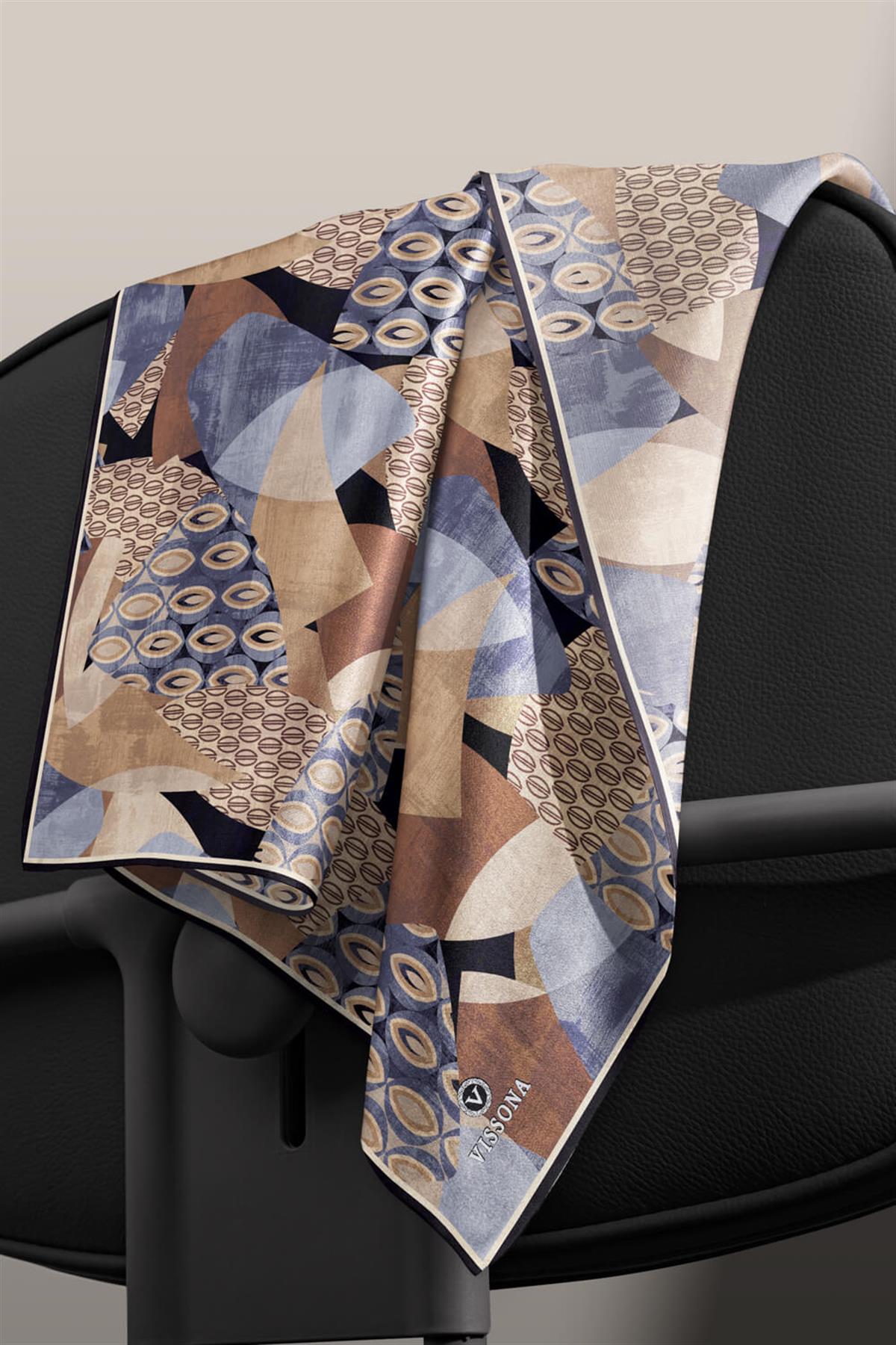 %100 Twill İpek Geometrik Desenli Gri - Sütlü Kahve Renkli 90x90 Eşarp Eşarp Kenar Dikiş Şekli El Dikişli